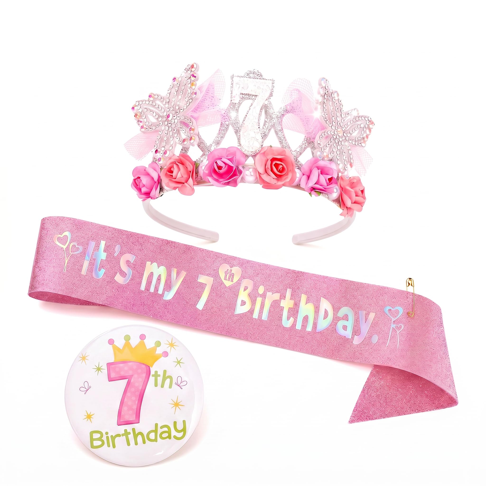 YCDKK 7th Birthday Decorations For Girls, 3Pcs Birthday Girl Set With Tiara Headband, Sash, Badge, 7 Year Old Girl Gifts, Glitter Princess Crown, Happy Birthdays Party Decorations For Girls