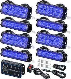 8-pcs Ultra Slim LED Flashing Strobe Lights for Vehicles, Trucks, Sync Feature Surface-Mount Beacon Hazard Light with Controller and Wiring Harness (Blue)