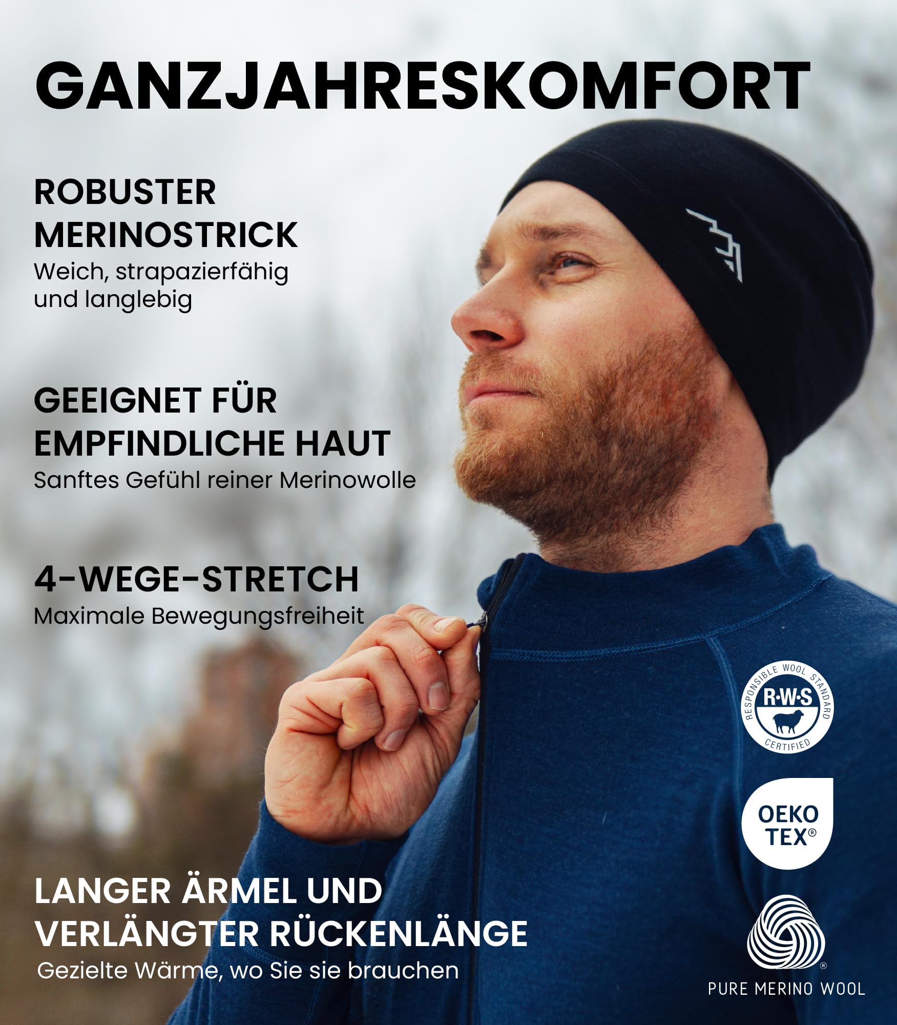 Merino.tech 100% Merinowolle Half Zip Pullover Herren – Atmungsaktiv Merino Unterwäsche Herren mit Reißverschluss
