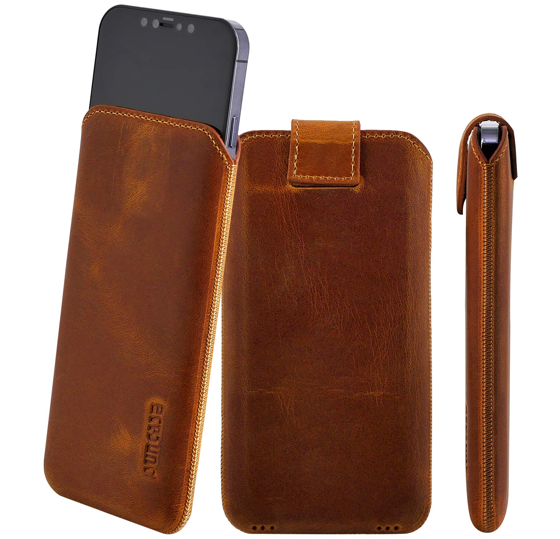Custodia In Pelle Suncase Per IPhone 12 (6,1”) – Realizzata A Mano, Con Porta Carte, Colore Cognac