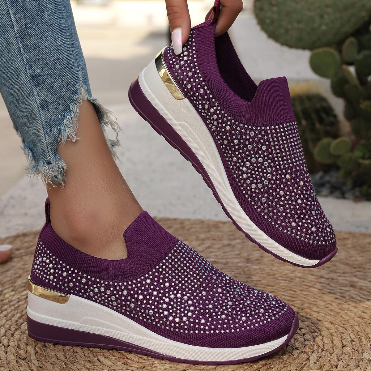 Scarpe da ginnastica da donna con zeppa in rete con strass glitterati, traspiranti, alla moda, casual, antiscivolo, comode, ortopediche, leggere, con supporto per arco plantare