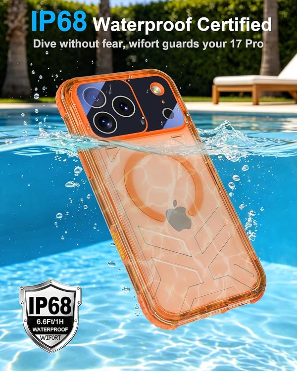 WIFORT for iPhone 17 Pro Waterproof Case, [Fit for Magsafe] with Sapphire Lens & Screen Protector, IP68 Full Body 15FT Military Shockproof, Magnetic Frosted Phone Cover with Lanyard, 6.3" Orange by WIFORT - Used condition - US$20.05
