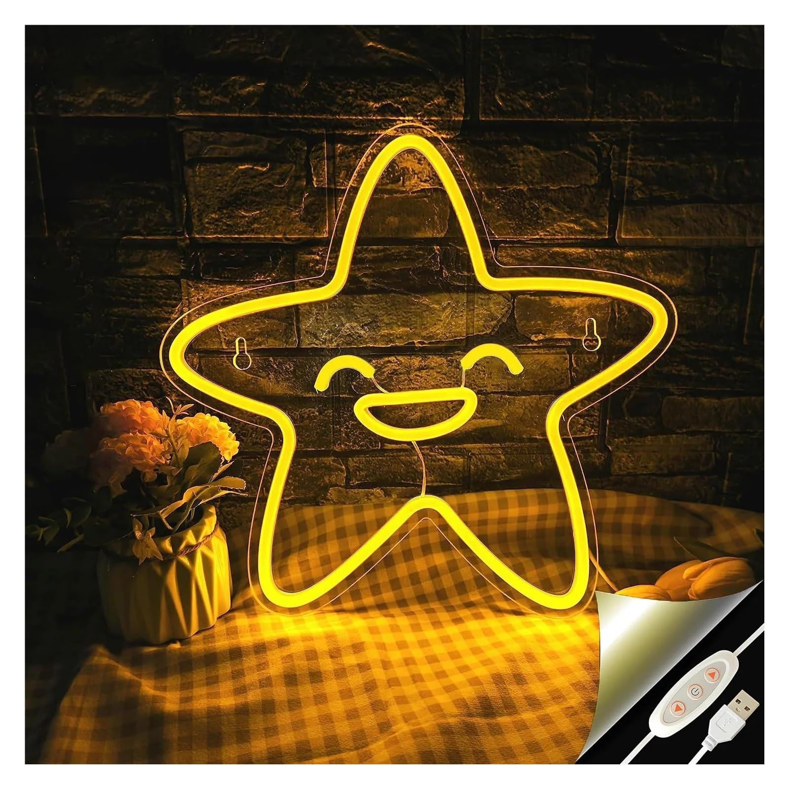 LEMST Sign Lamp Smiley Stars Neon Sign USB Powered Light for Child Bedroom, Party, Game Room Wall Decorations 34cmх35cm