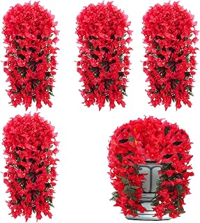 Ovveroche UV Resistant Red Artificial Bougainvillea Hanging Flowers, 4-Pack 27.5" Silk Vines for Outdoor Patio Garden Decor