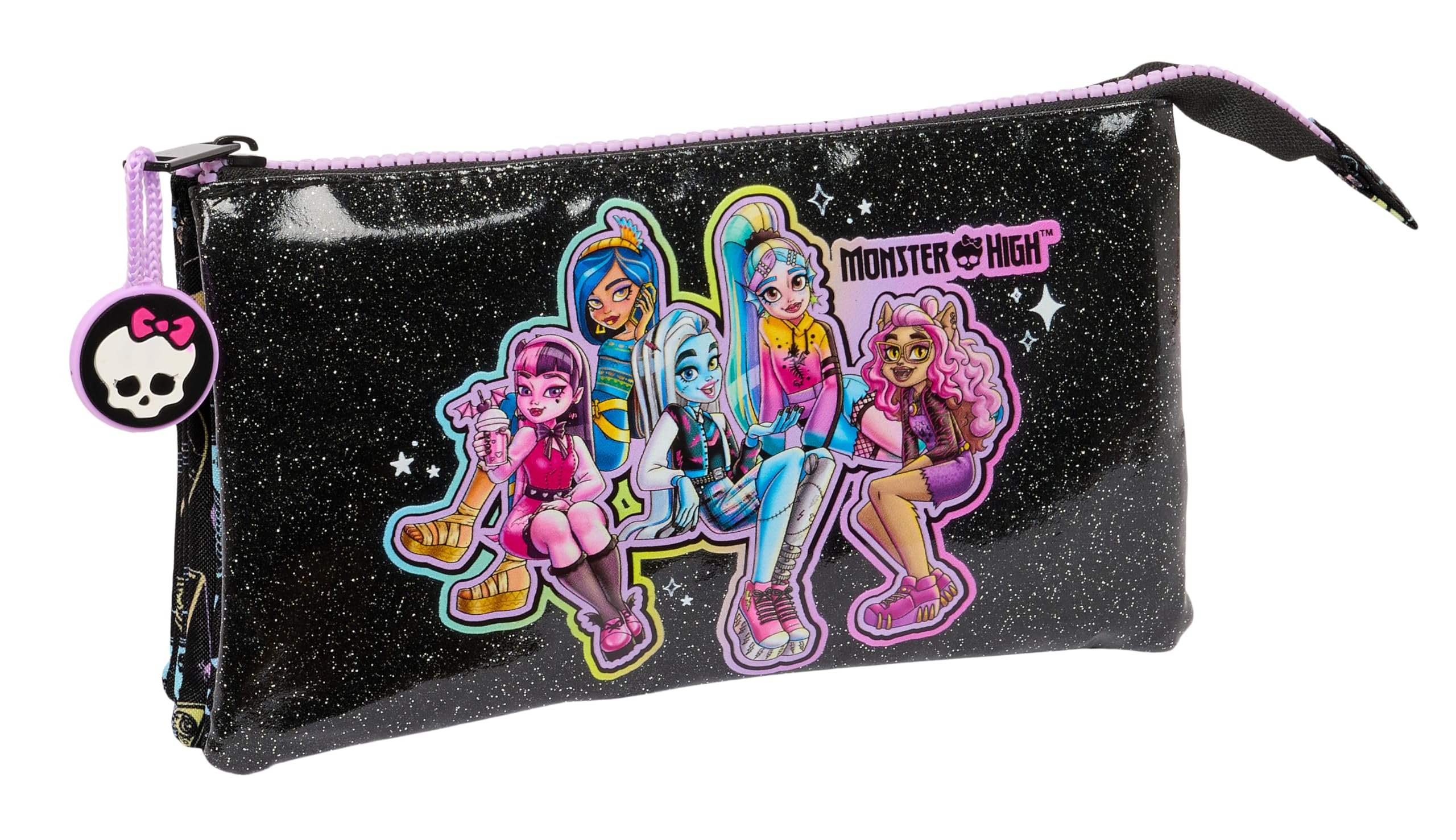 Safta Monster High - Portatodo Triple, Estuche Infantil, Estuche Niño, Ideal para Niños en Edad Escolar, Cómodo y Versátil, Calidad y Resistencia, 22x3x12 cm, Color Negro
