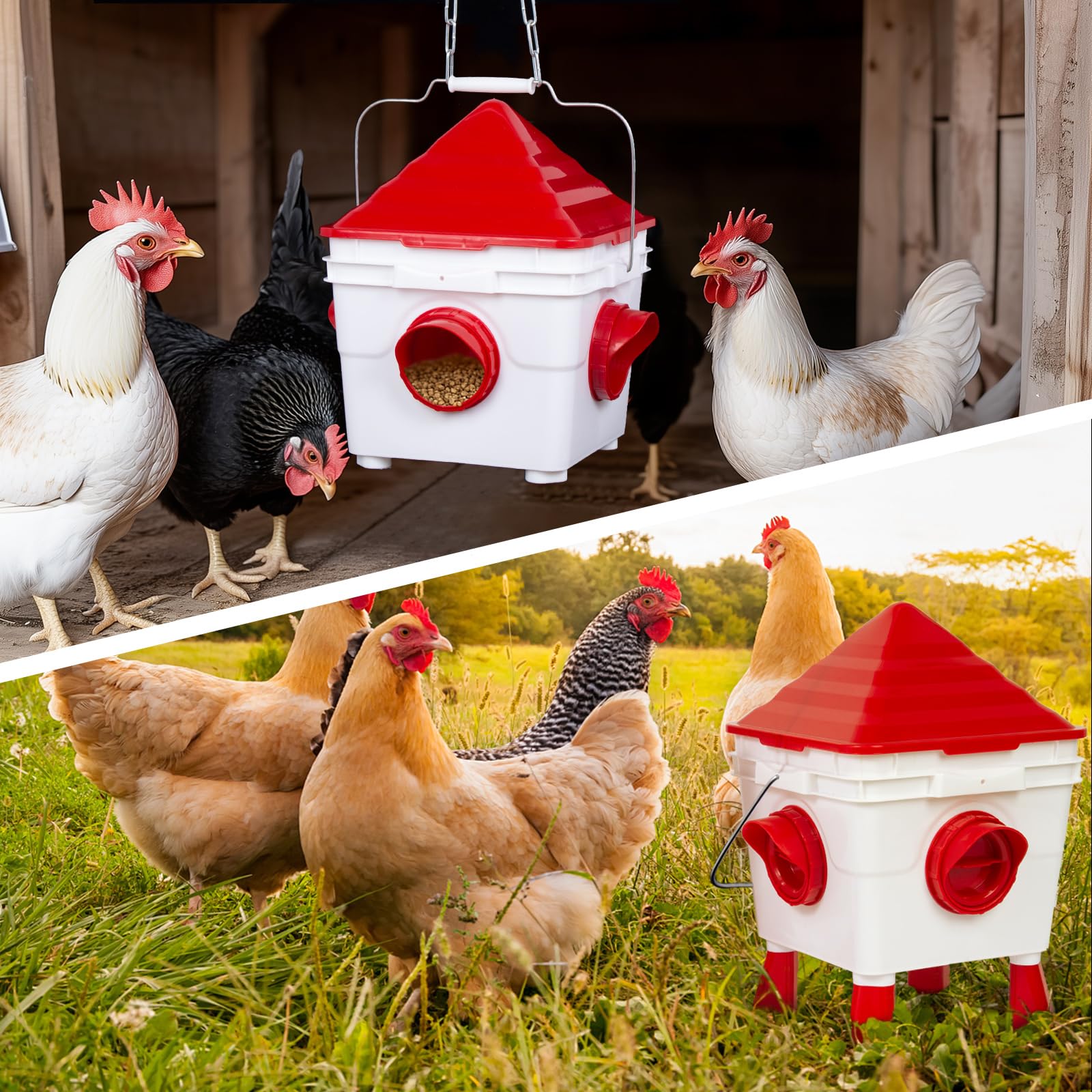 Todeco Futterautomat Hühner und Hühnertränke Set, 6Kg Hühner Futterautomat und 8L Automatische Wasserversorgung für Geflügel mit 4 Öffnungen & 4 Näpfen, verstellbaren Beinen und Stahlketten