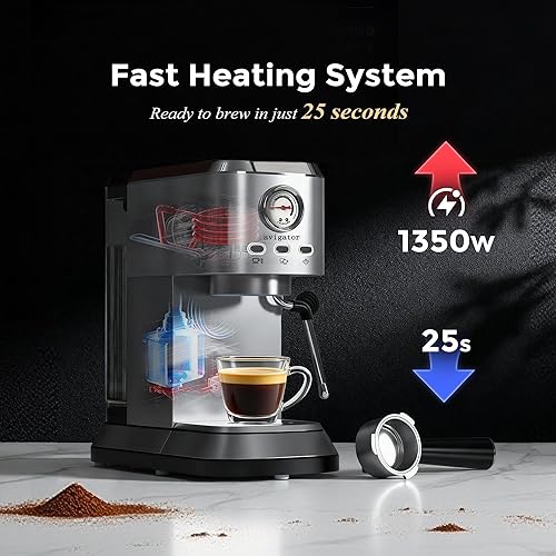 Miniatura 5 de Cafetera de café espresso de 20 bares, cafetera de capuchino con espumador de leche y tanque de agua extraíble, máquinas expresso de acero