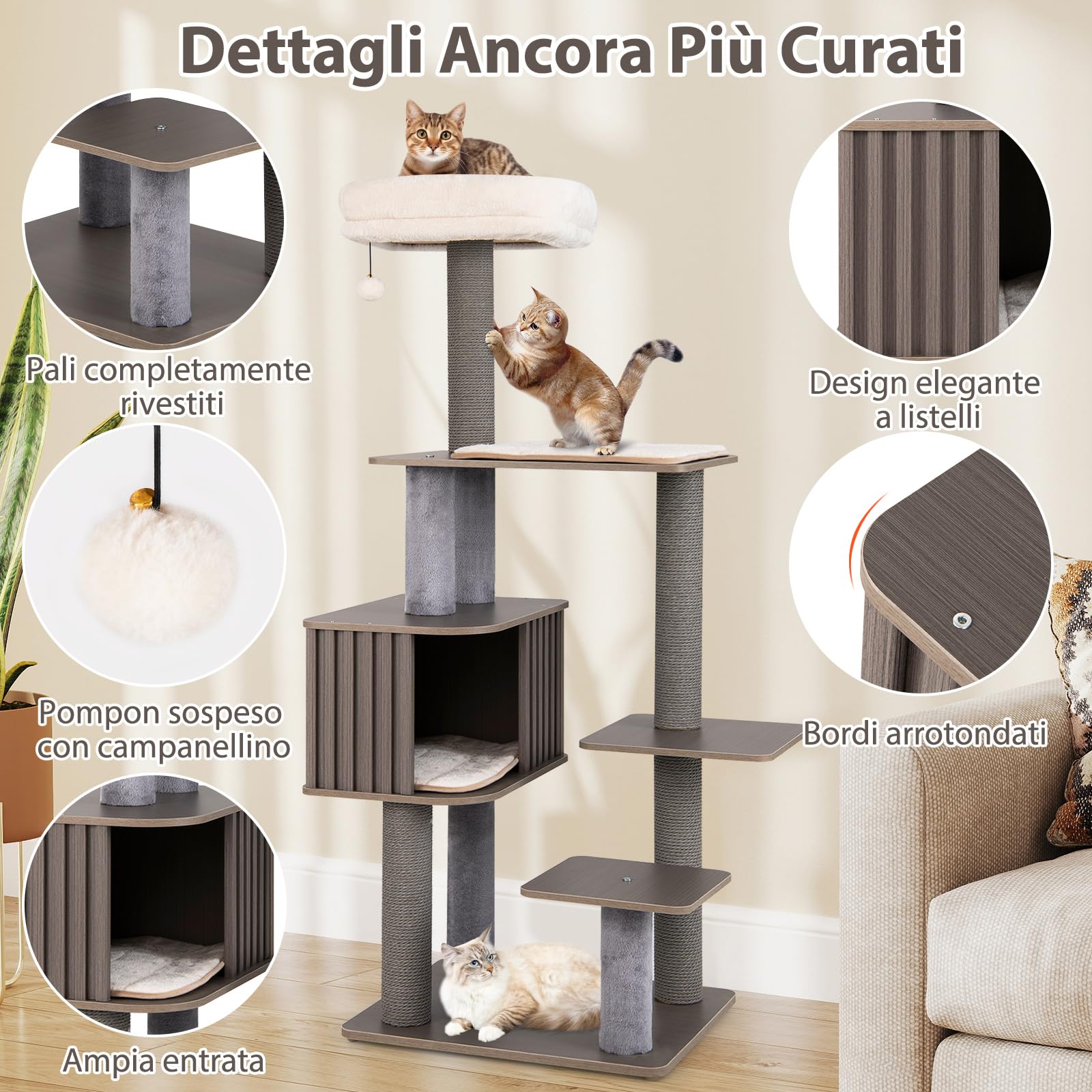 COSTWAY Albero per Gatti a 6 Livelli, Torre per Gatti Alta 151 cm con Condominio, Tappetini Removibili e Tiragraffi, Albero Tiragraffi per Arrampicata per Gattini in Legno con Palla Pompom Appesa