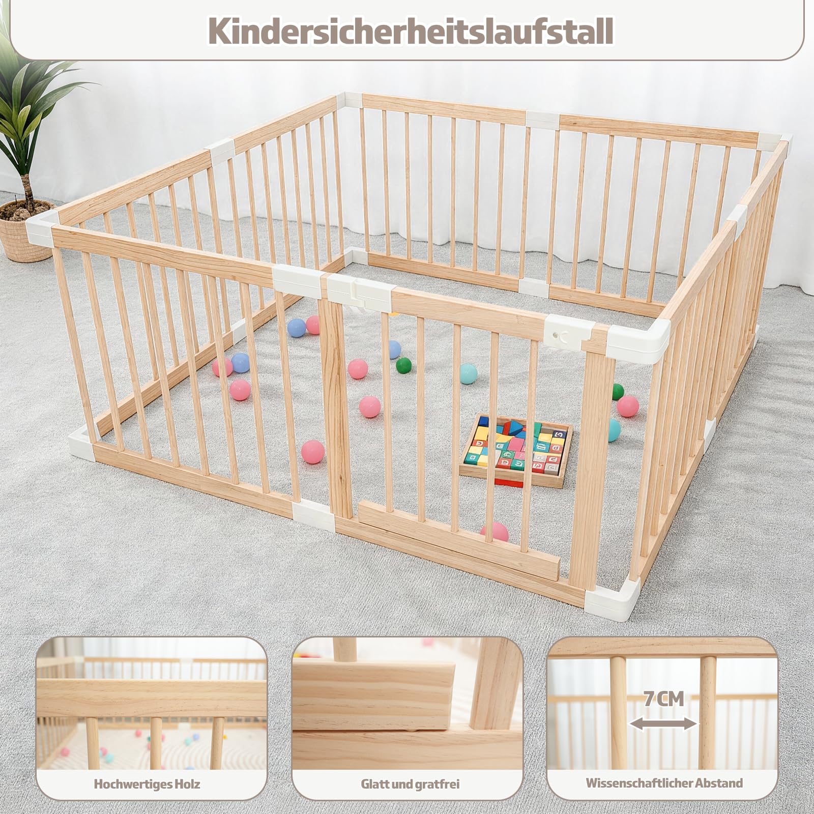 Baby Laufstall aus Holz mit Tür & Sicherheitsverschluss - Robustes Laufgitter zum Zusammenbauen, individuell formbares Krabbelgitter & Absperrgitter für Babys und Kleinkinder(135 * 135 * 61 cm)