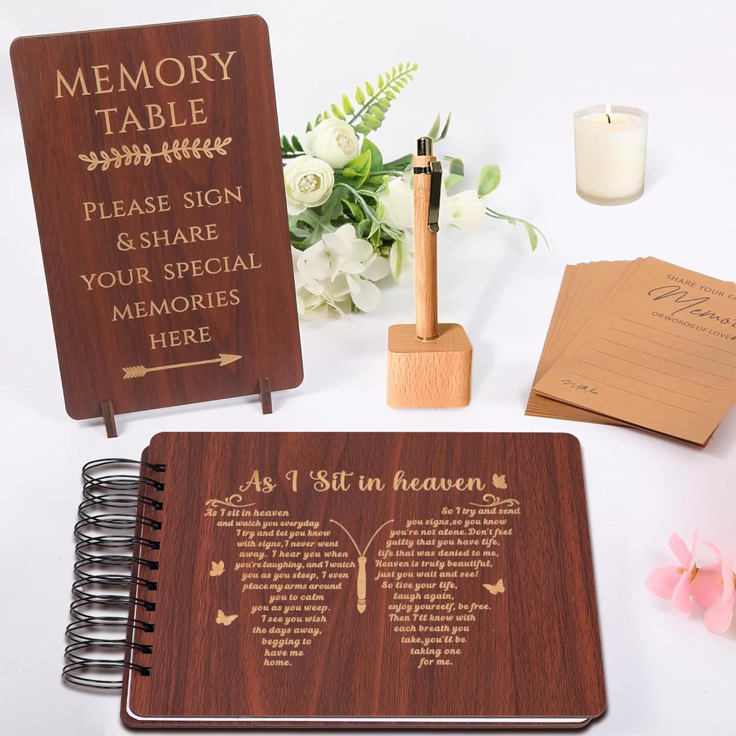 Wooden Funeral Guest Book Set for Memorial Service Celebration of Life Party Decorations in Loving Memory Guest Register Book with Pen&Stand, Included Table Sign,Share a Memory Cards and Box-Butterfly