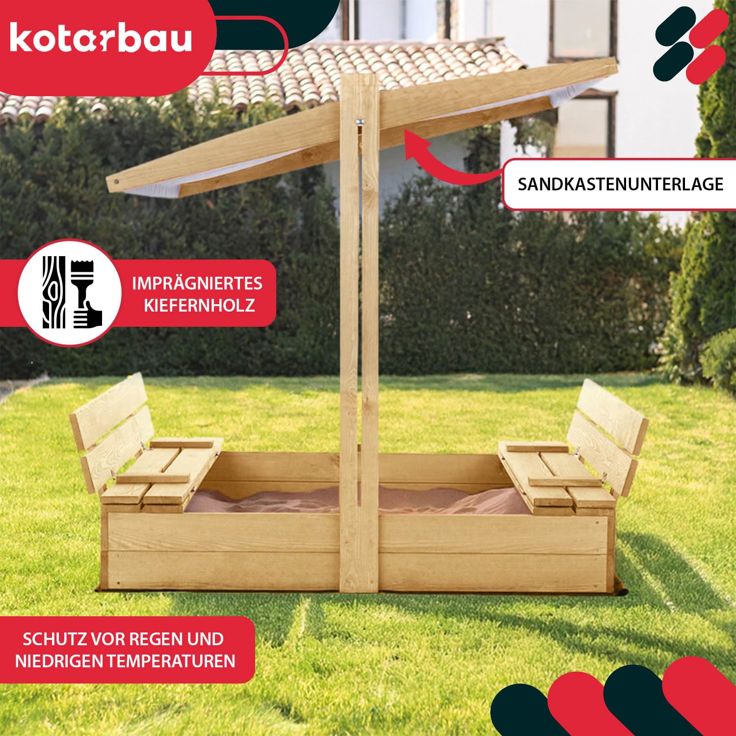 KOTARBAU® Sandkasten mit Dach - 120 x 120 cm - Holz Sandkasten mit Abdeckung & Sitzbänken - Sandkiste - Gartenspielzeug für Kinder - mit Deckel & Sonnenschutz in Grau - Holz - Natürlich