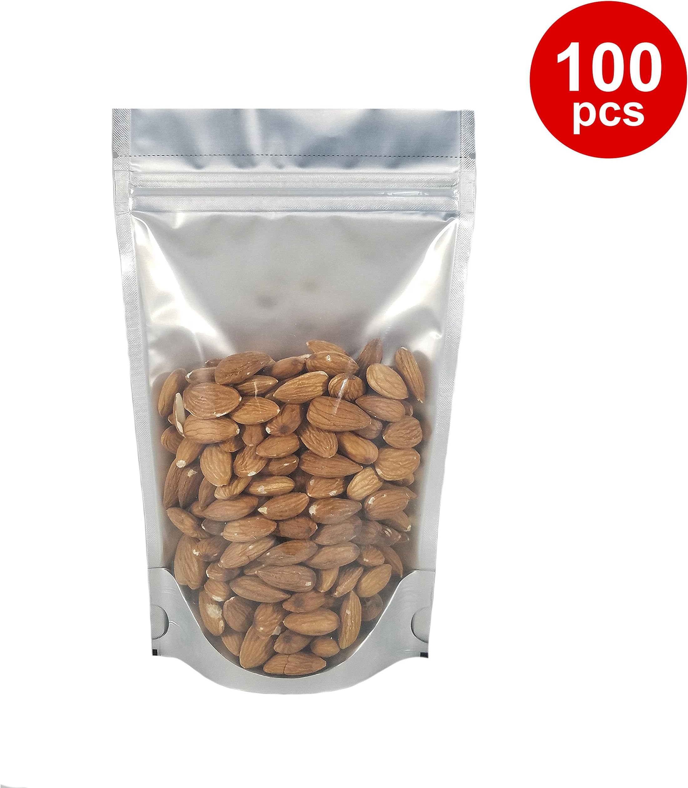 Silver/Clear Mylar Stand Up Bags Pouches with Zipper 6.5 X 11.5 X 3.5 inches (16 Oz) 100 pcs