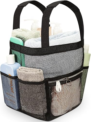 Organizador de ducha de malla para dormitorio, 7 bolsillos y 1 con cremallera, bolsa de ducha con asas acolchadas, portátil de viaje, organizador de