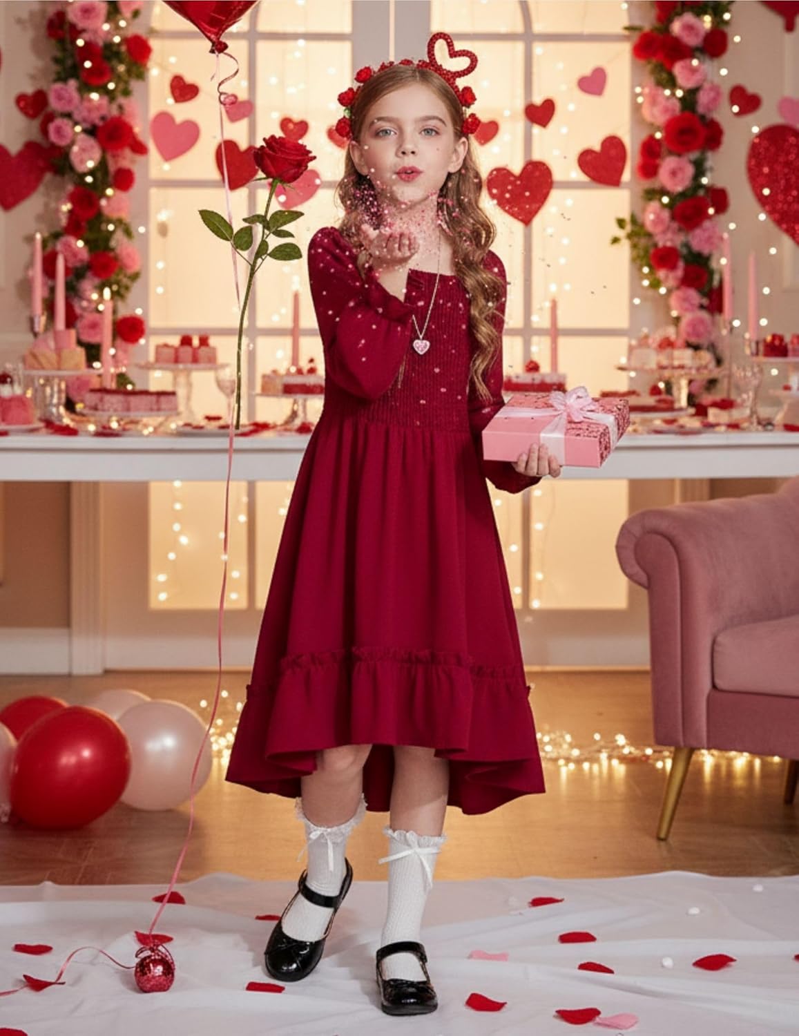 Arshiner Girls Dresses Puff Long Sleeve Fall Winter Smocked High Low Swing Midi Dress with Pockets - Image 3