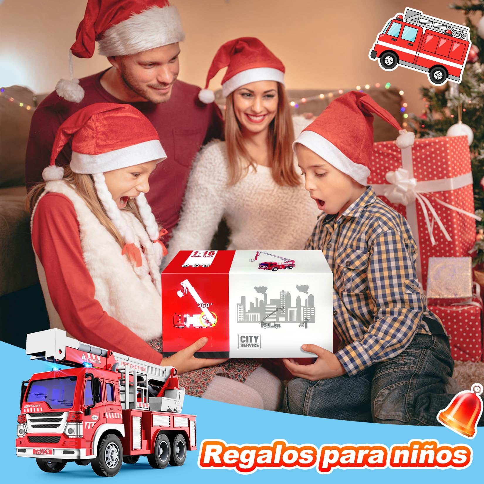GizmoVine Camion Bomberos Grande Juguete, Camión de Bombero Modelo con Escalera, Luces y Sonido, Educativos Regalos, Camiones Grandes de Juguetes, Coche para Niños y Niñas 3 4 5 6 7 8 Años - Rojo