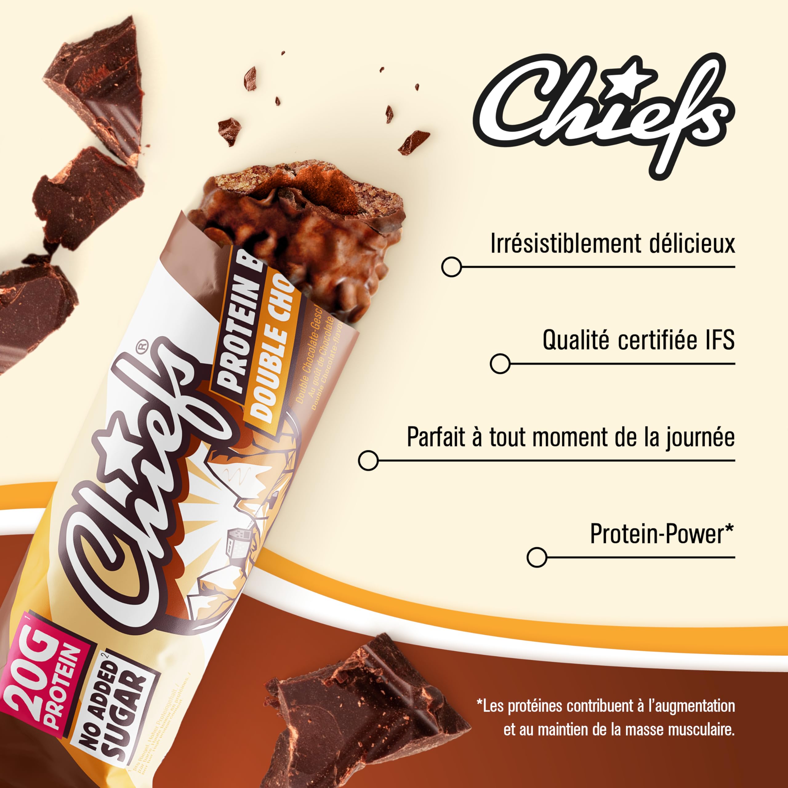 Chiefs Protein Bar (Double Choc) • Barre protéinée premium avec 20g de protéines & 201 kcal par barre • Sans sucre ajouté • Barre protéinée low sugar • Goût de chocolat • Pack de 12 (12 x 55g)