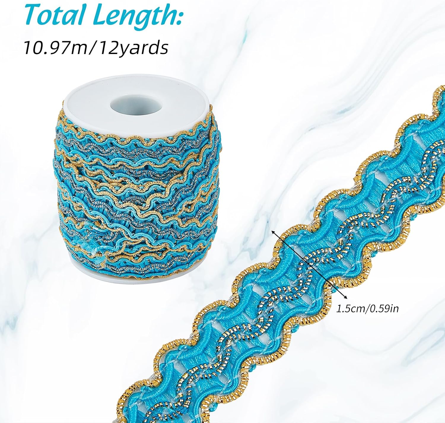 12 Yards 0.59 Inch RIC Rac Woven Ribbons, Metallic Gold S Wave Bending Fringe Trims, Blue Gimp Braided Trims for Costume DIY Crafts Sewing Upholstery Curtain Slipcover Decoration