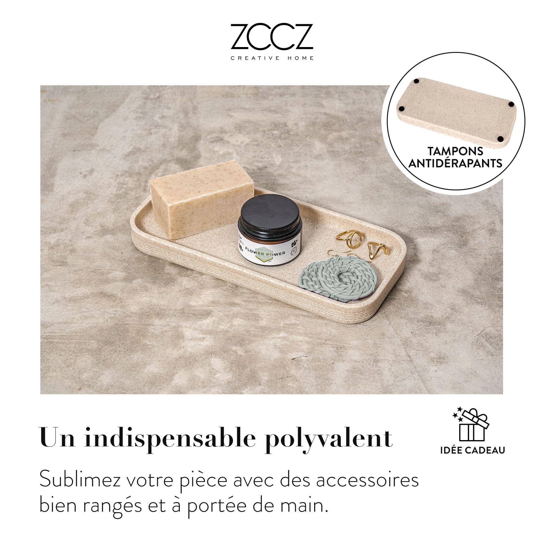 zccz Accessoires Salle de Bain Beige -Decoration Salle de Bain avec Distributeur Savon, Porte Brosse à Dents, 2 Supports QTip et gobelet