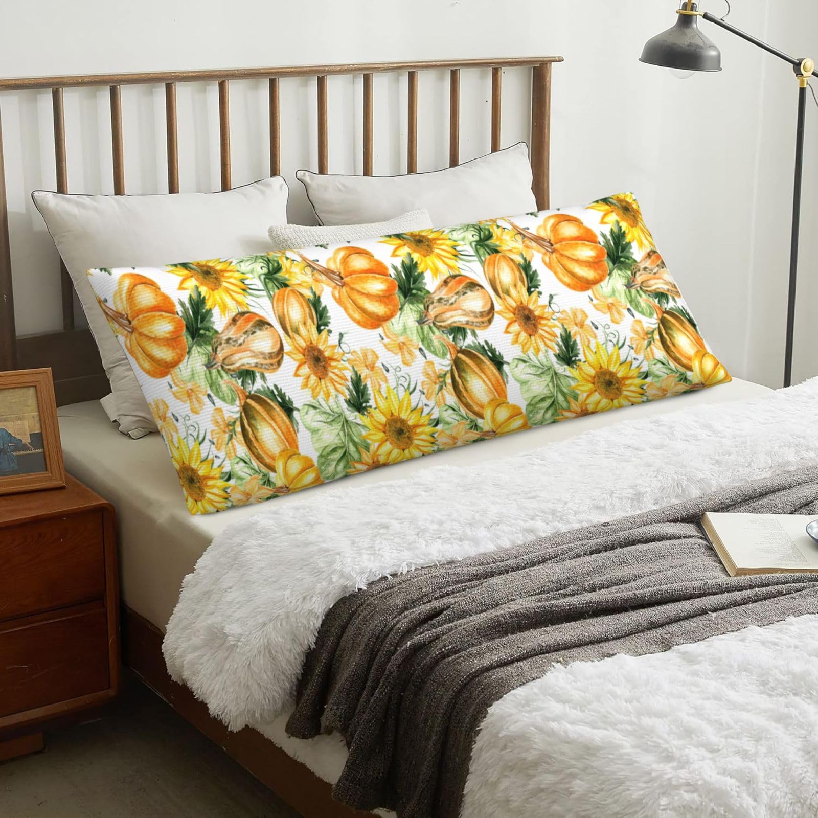 Autumn Sunflower Pumpkin Thanksgiving, Body Pillow Cover with Zipper,Long Body Pillowcase 20 x 60 in