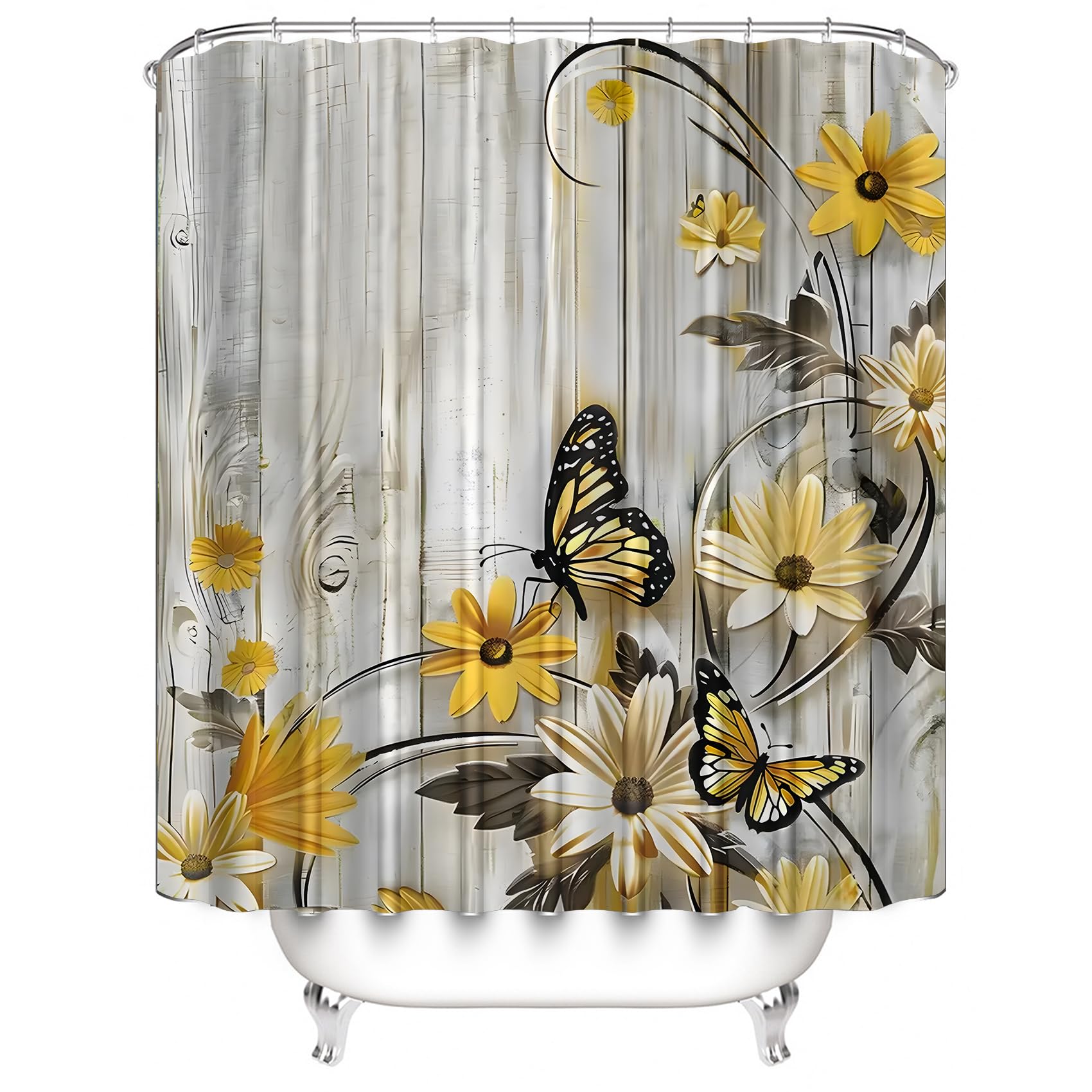Juego de cortina de ducha con diseño floral de margaritas amarillas, diseño de campo de mariposa para decoración de baño, juego con alfombras, tapa de inodoro y alfombrilla de baño 2