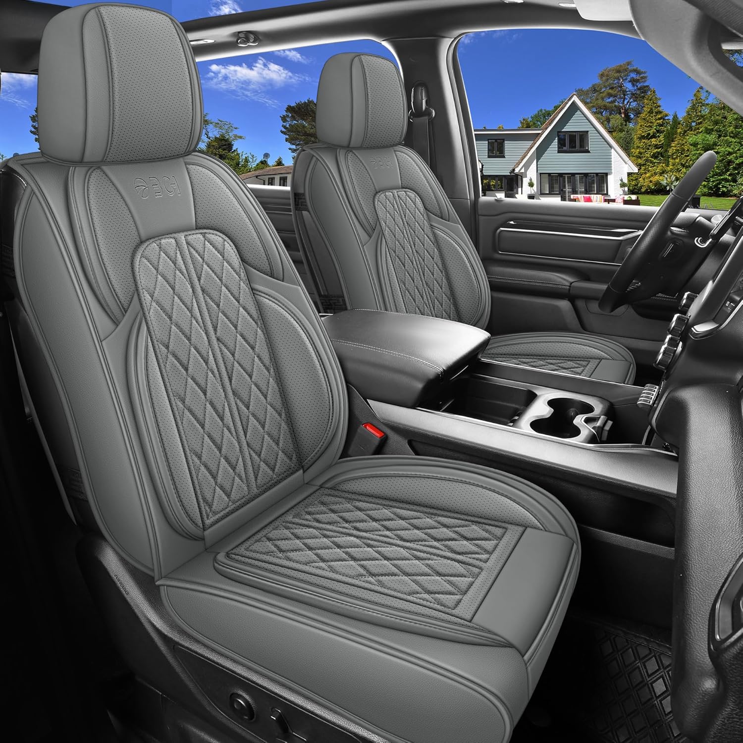 Car Seat Cover Custom Fit for Dodge Ram 1500 2500 3500 2002-2025 Faux Leather Seat Cover Set Compatible with Crew Quad Regular Cab Pickup Truck Cushions (Grey, Full Set, Flat Rear) Full Set (Flat Rear) Grey