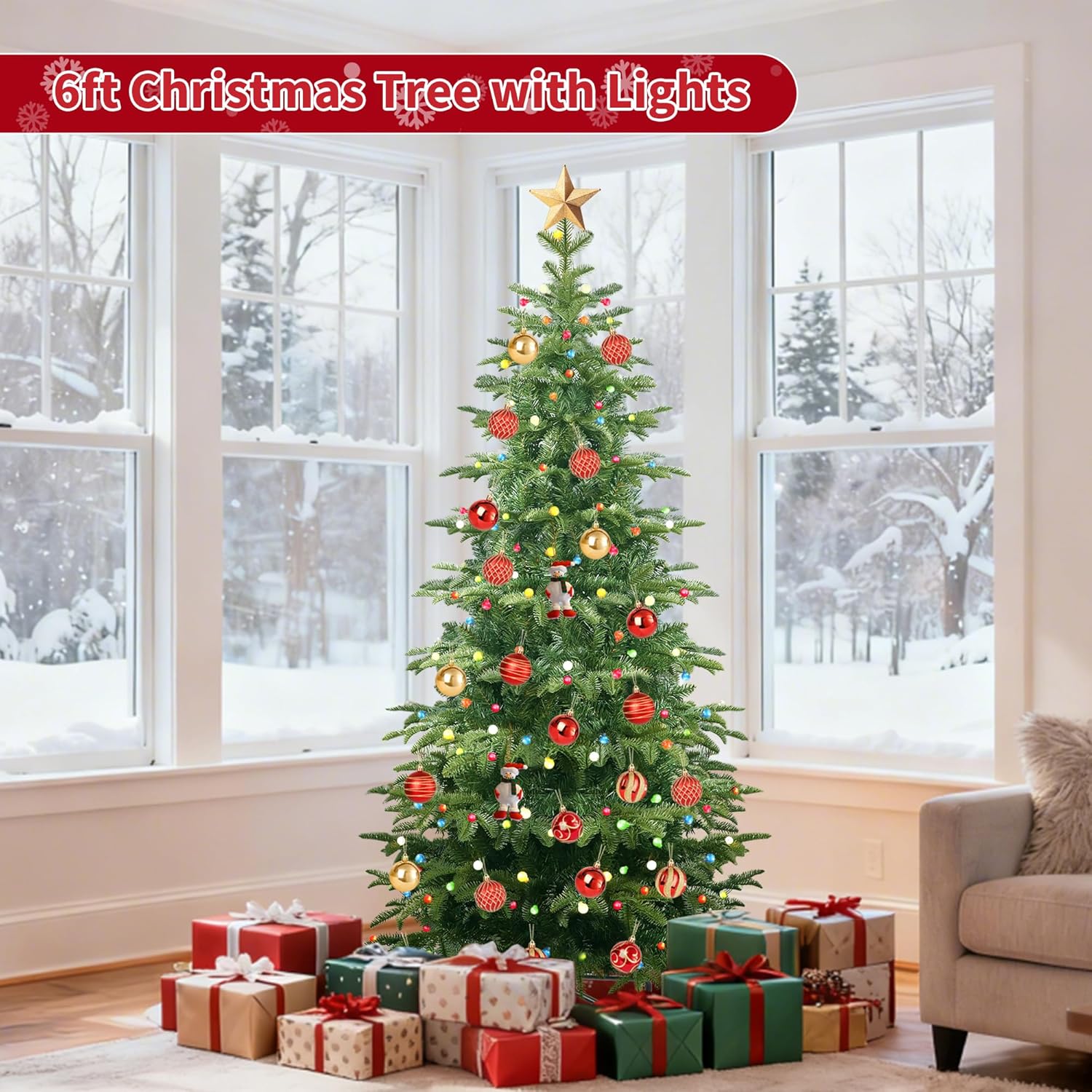 Prelit Christmas Tree 6ft, Artificial Christmas Tree with Lights, 210 Multicolor Lights and Foldable Metal Stand, ETL,PE & PVC Mixed Layered Aspen Fir Green Xmas Tree for Holiday Home Decororation