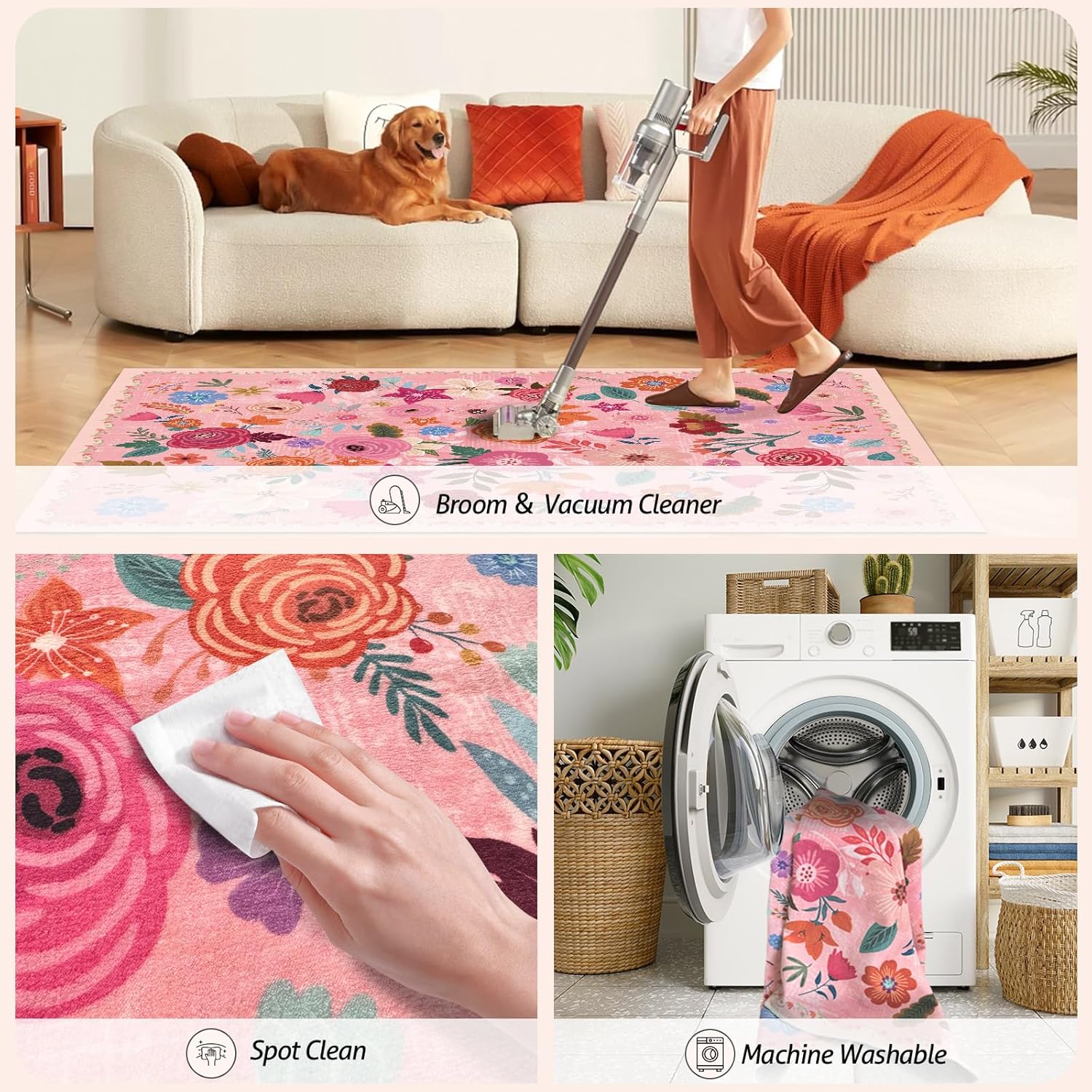 Washable Boho Area Rug 2'x6' Hallway Runner Rug Hot Pink White Color Floral Non-Slip Soft Oriental Vintage Carpet Kitchen, Entryway Bedroom Corridors Indoor