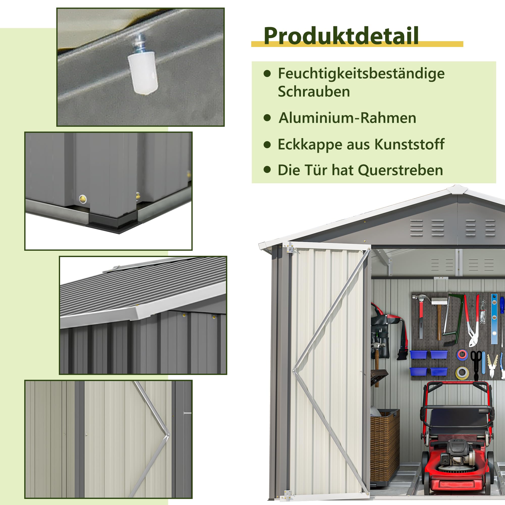 Metall Gerätehaus Gerätehaus mit Pultdach,Gartenhaus Geräteschuppen Garten Schuppen Inkl. Metallfundament (ohne Boden), Geräteschrank für Garten (Grau, L)