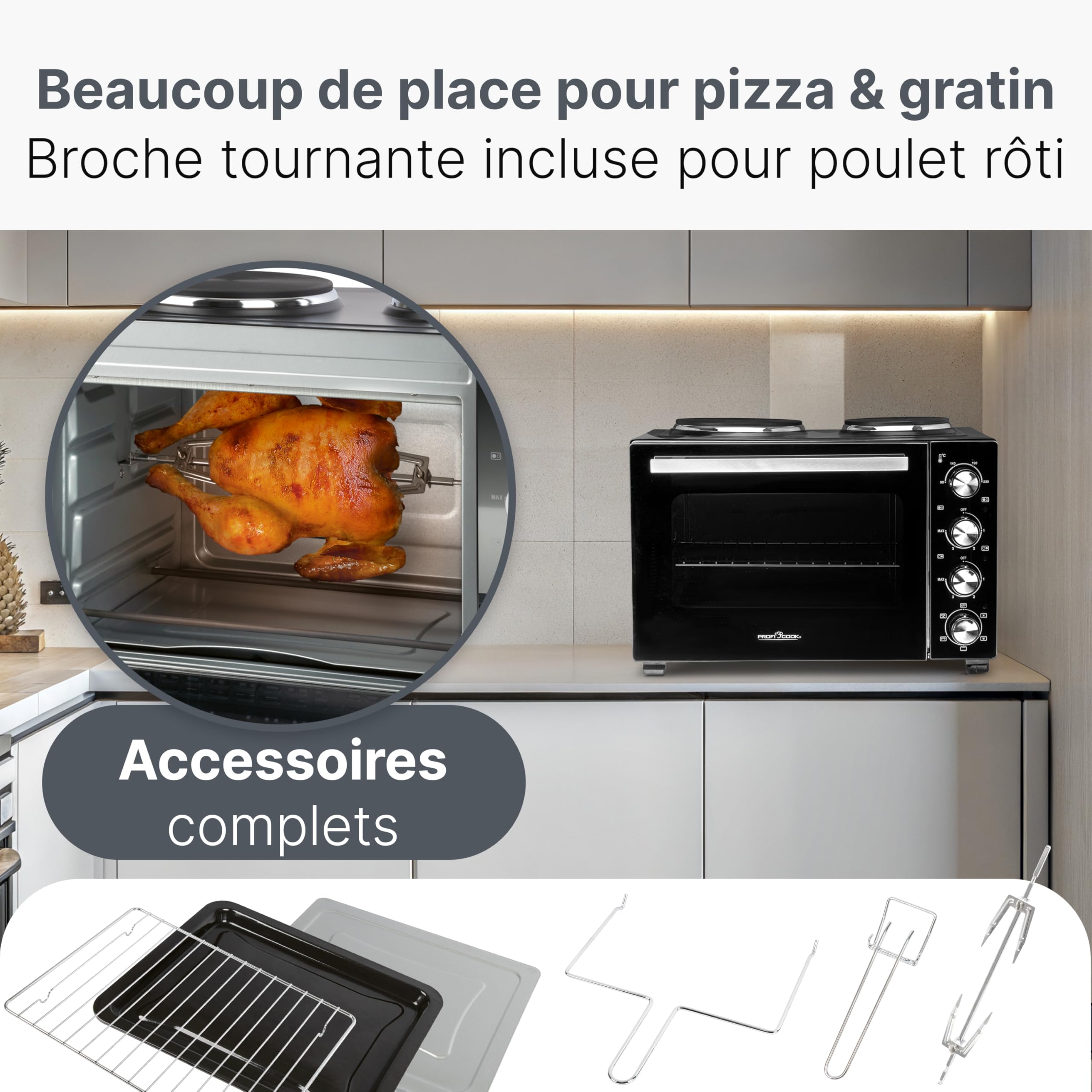 Mini-four ProfiCook® avec plaques de cuisson et broche rotative | 32 L | Chaleur tournante, chaleur supérieure, chaleur inférieure, broche rotative | Petit four | Mini-four | PC KK 1302
