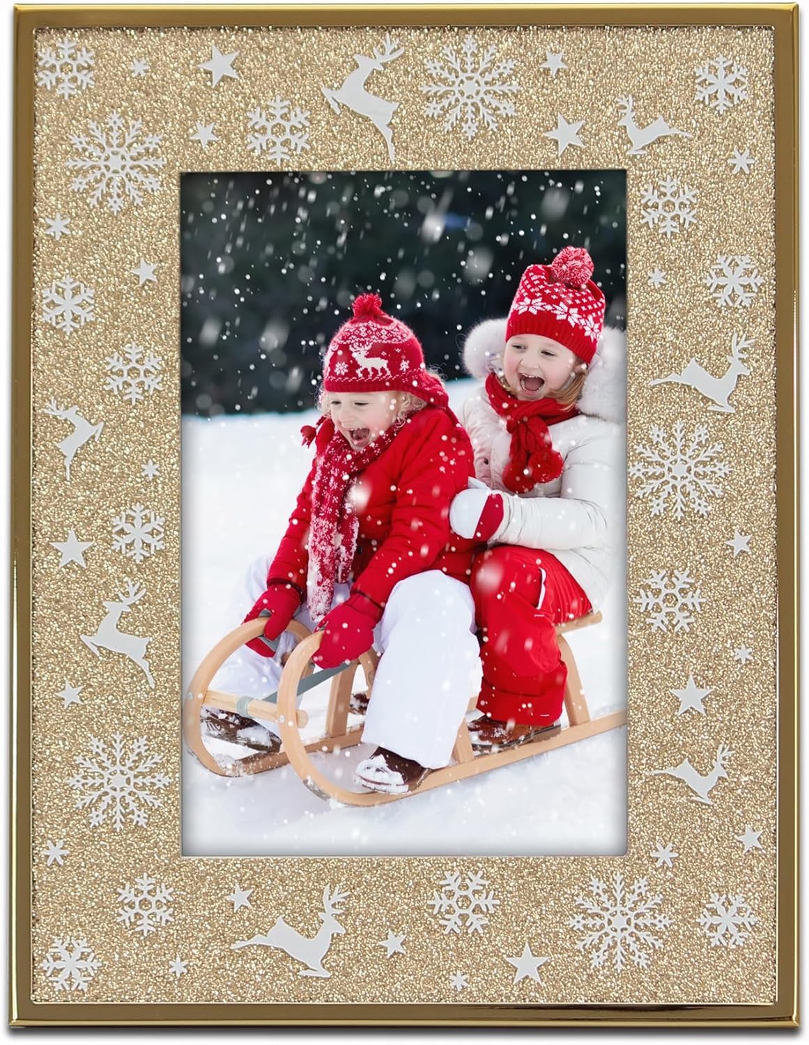 Mimosa Moments Snowflakes Glitter 4x6 Christmas Picture Frame, Photo Frame for Holidays Christmas Baby gifts for Tabletop Desk Display (Brass, 4x6")
