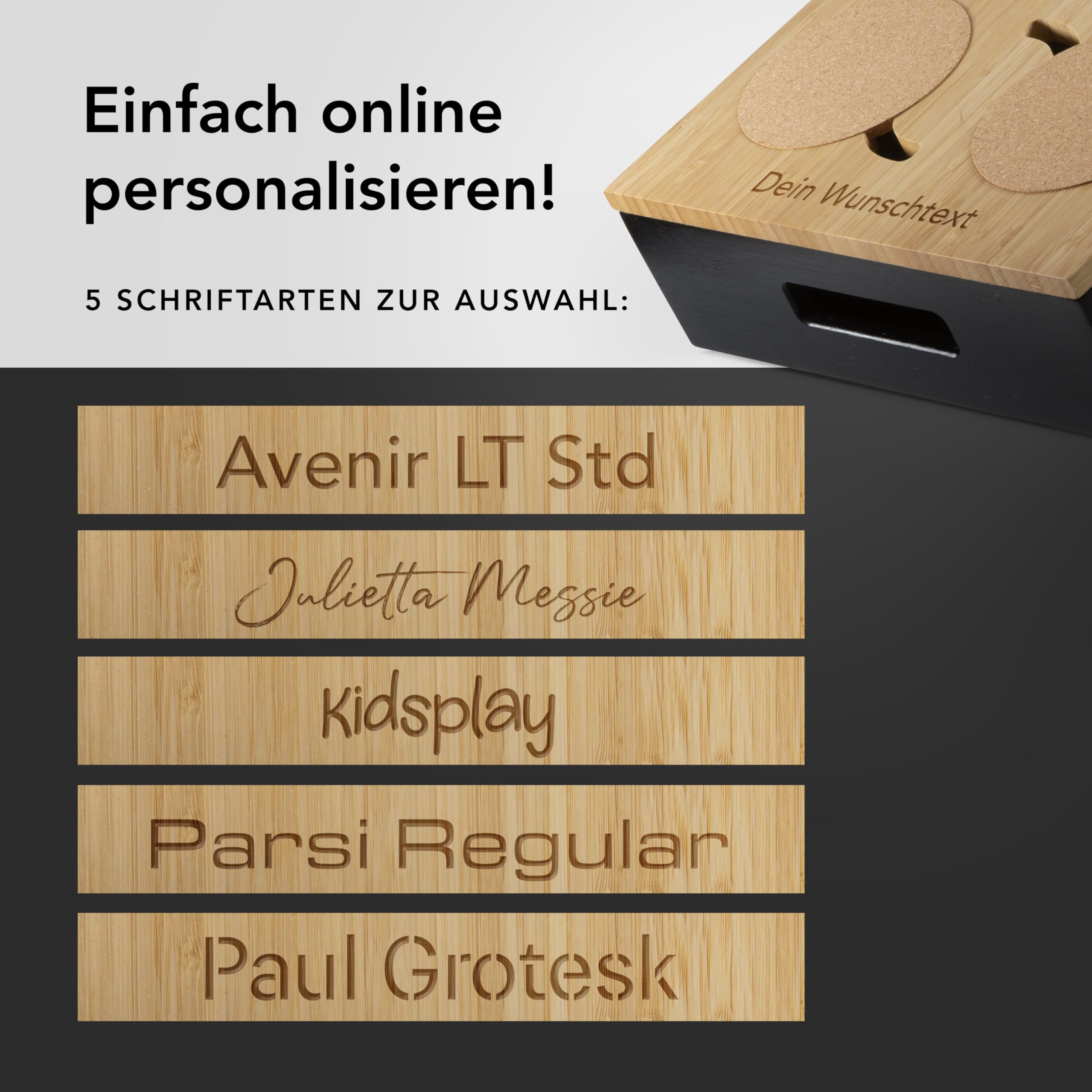 Couchbar Snackbox Personalisierbar aus Bambus inkl. Geschenkbox | Sofa Tablett mit 2 Snackschalen, 2 Getränkehalter mit Untersetzer, magnetischer Deckel, Handyhalterung (Schwarz, Ohne Gravur)