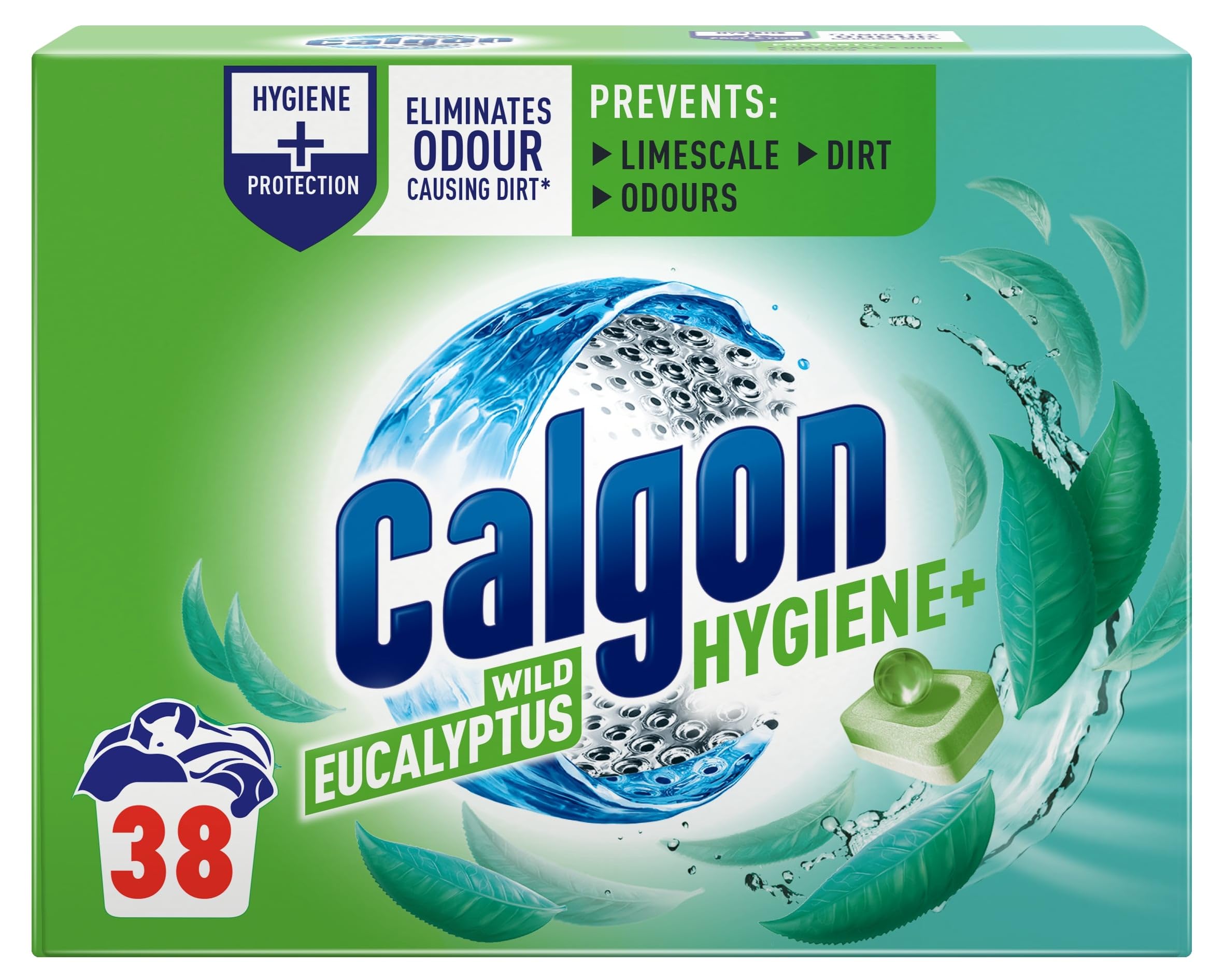 Calgon Hygiene Plus Washing Machine Cleaner & Limescale Remover, Water Softener Tablets with Eucalyptus Scent, 38 Tablets, Pack of 1
