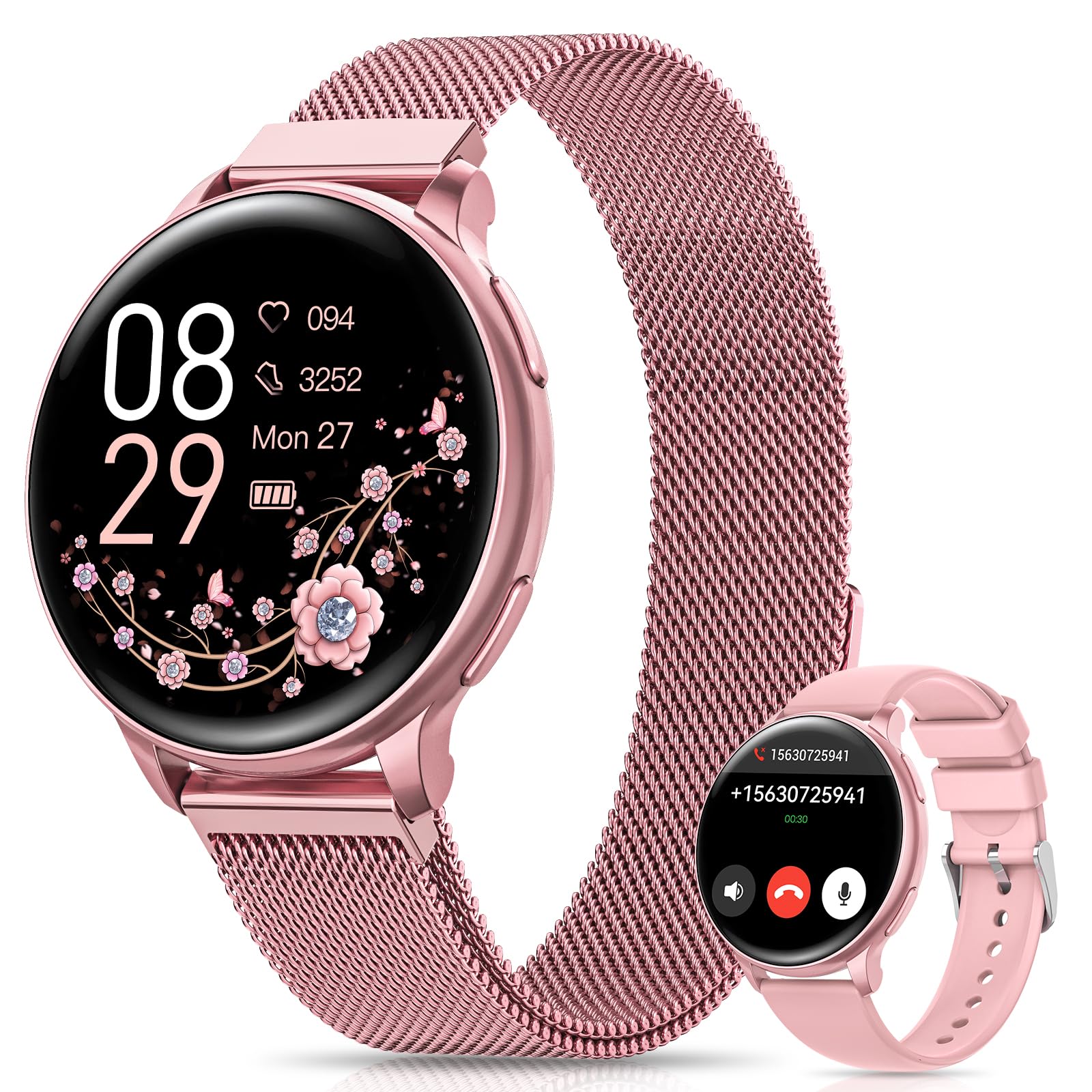 Sanorum Smartwatch Donna, 1.27” Orologio Smartwatch con Chiamata Bluetooth, Fisiologia Feminile, 120+ Sport, 24H Frequenza Cardiaca SpO2 Sonno, IP68 Impermeabile, Smart Watch per Android iOS Rosa