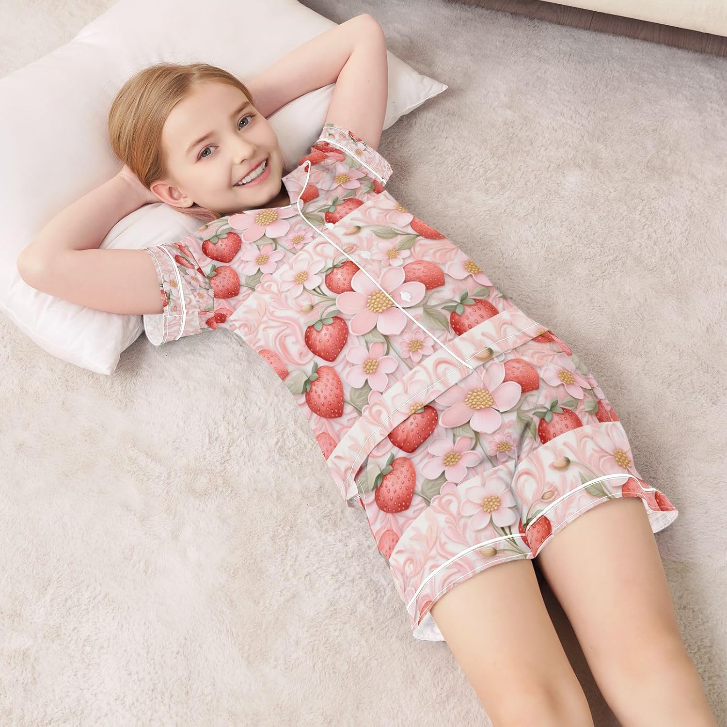 senya Strawberries and Flowers Satin Summer Pajama Sets Silk Short Sleeve Button Down Sleepwear