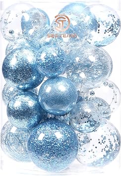 Sea Team Christmas Baubles Set Clear Plastic Shatterproof Multi-Size Decorative Christmas Baubles with Stuffed Delicate Decorations 25 Pieces, Babyblue