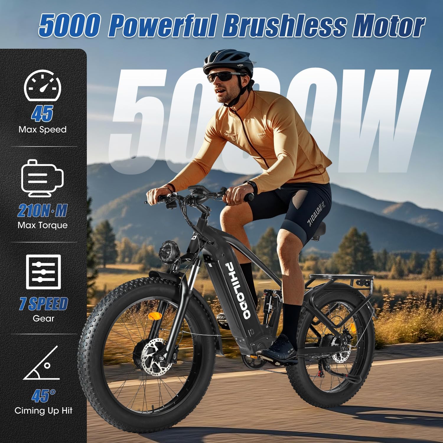 PHILODO Falcon 60V 32Ah Off-Road Electric Bike Dual Motor Hunting Ebike, Fat Tire Full Suspension Dirt Bike for Adults, Long Range Snow/Sand Electric Bicycle