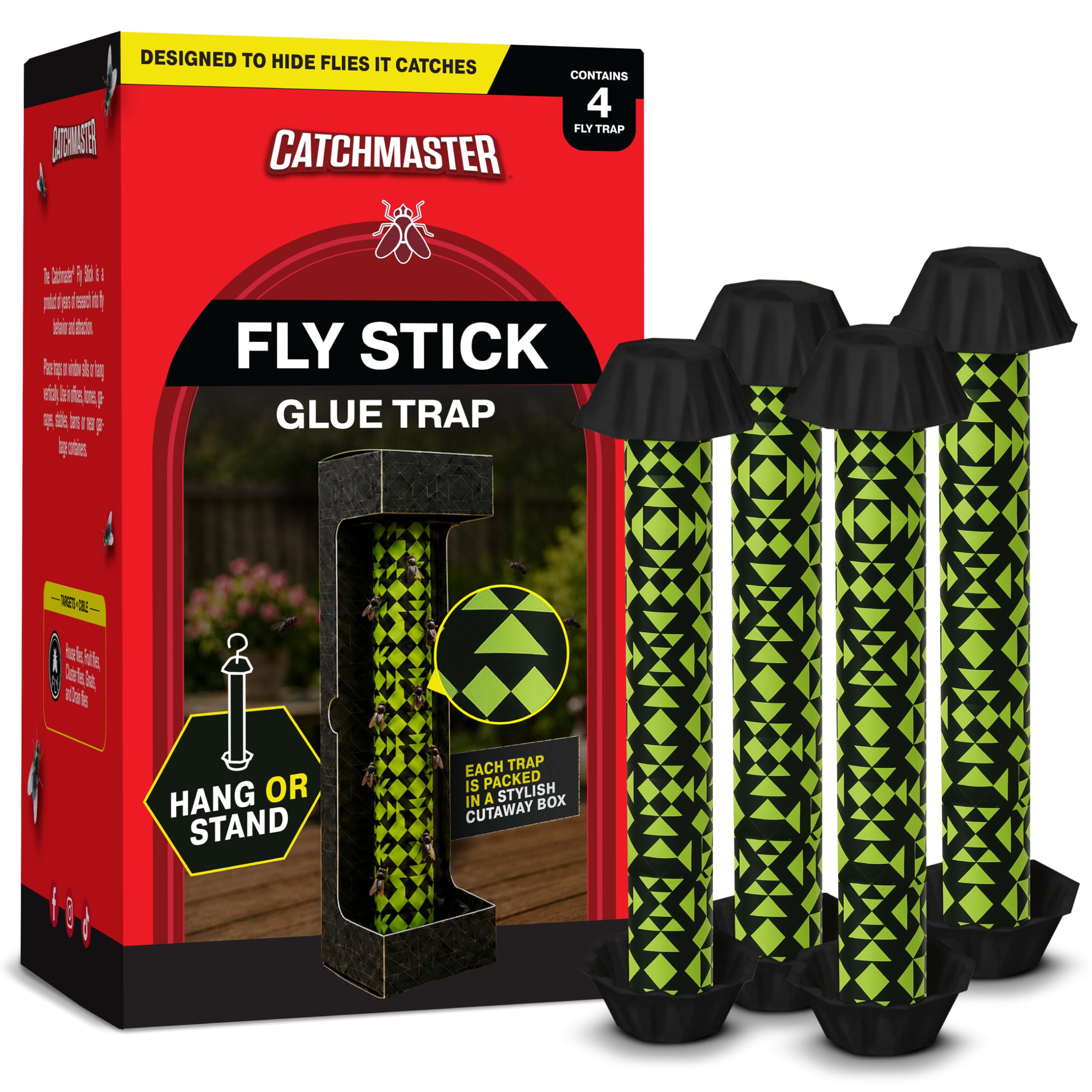Catchmaster Trampa para moscas verde y negra, paquete de 4 trampas para moscas de insectos y frutas para interiores y exteriores, adhesivo de primera calidad, atrapamosquitos y mosquitos, control de