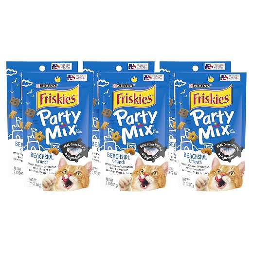 Friskies Purina Party Mix Cat Treats, Beachside Crunch with Ocean Whitefish & Flavors of Shrimp, Crab & Tuna, Cat Treats for Adult Cats, 2.1 OZ Bag (Pack of 6)