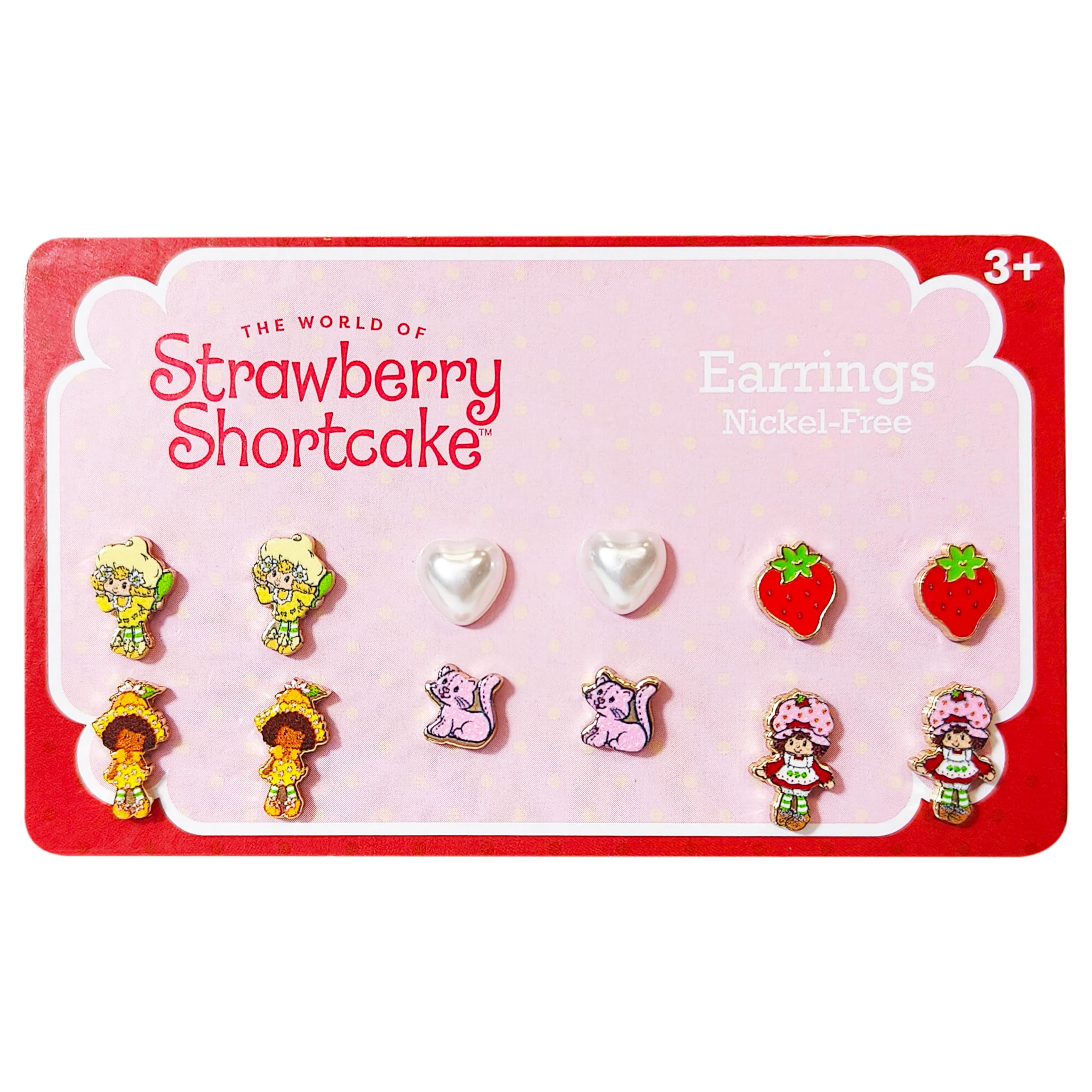 LUV HER The World of Strawberry Shortcake Hypoallergenic Earrings for Girls Ages 4+ - Safe Stud Styles - Jewelry Gift for Sensitive Ears & Cartoon Lovers, 6 Pairs