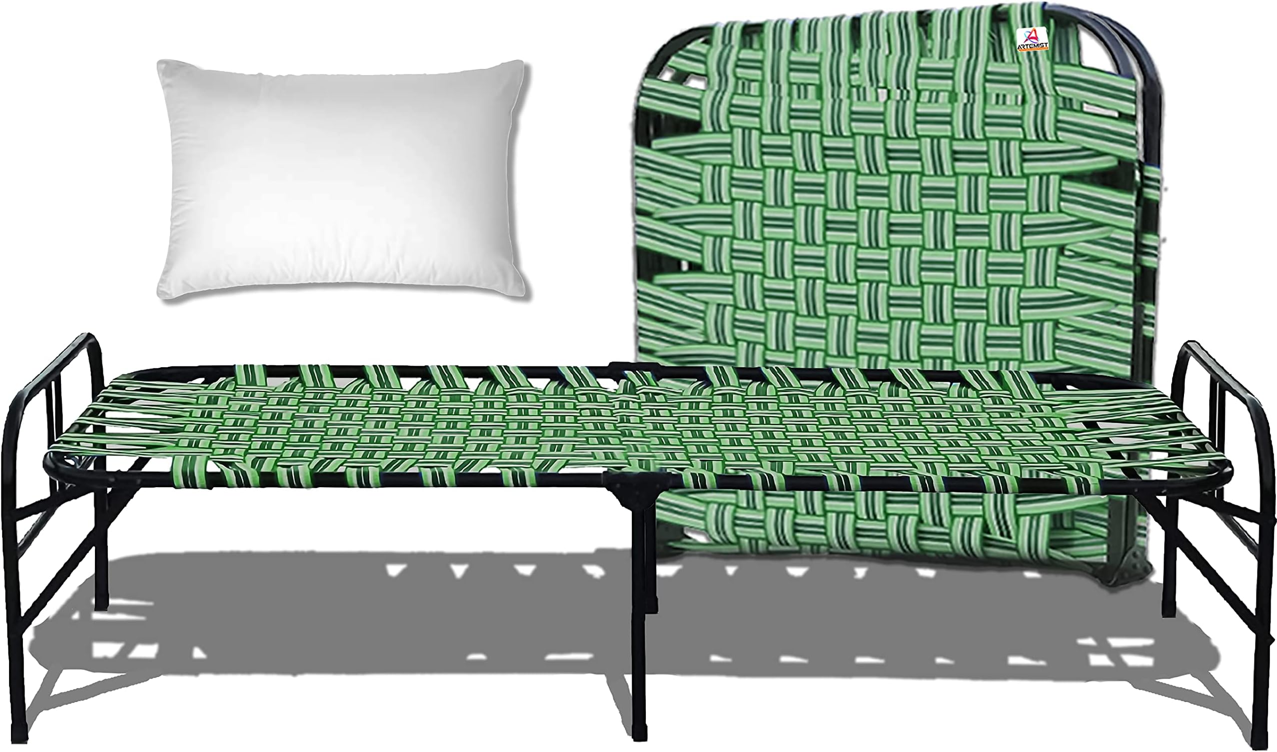 ARTEMIST Portable Single Folding Painted Bed With Pillow Space Saving Heavy Duty Foldable Khat Cot For Sleeping Sturdy Metal Frame Space Saving Design 3X6 Feet (Modern- Bed & Pillow)(Multi-Color)