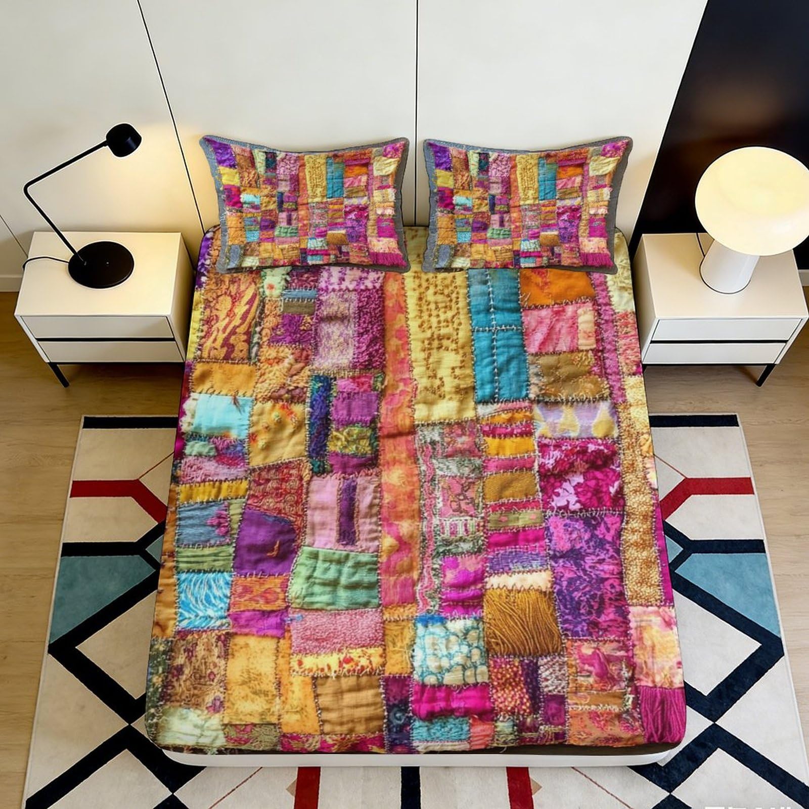 Pnayamiorkfel Style-6 3D Printed Patchwork Quilt Fitted Sheet Microfiber Vibrant Colorful Bed Cover For Bedroom Dorm Mattress Decor 90X200x25cm