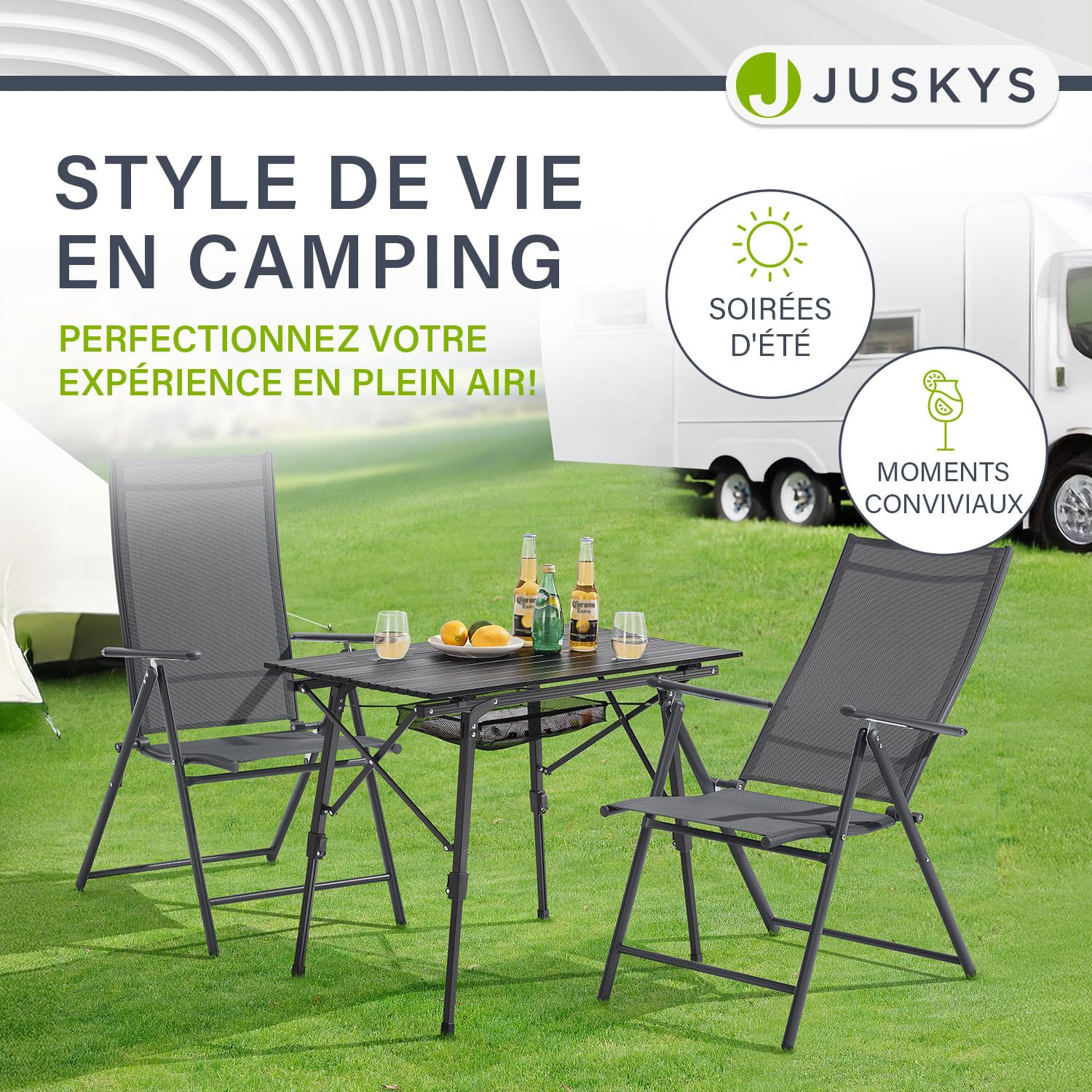Juskys Chaise de Jardin Calena - Lot de 2 - Dossier 7 Positions, Pliable - Structure Acier thermolaqué, Tissu Respirant & Confortable