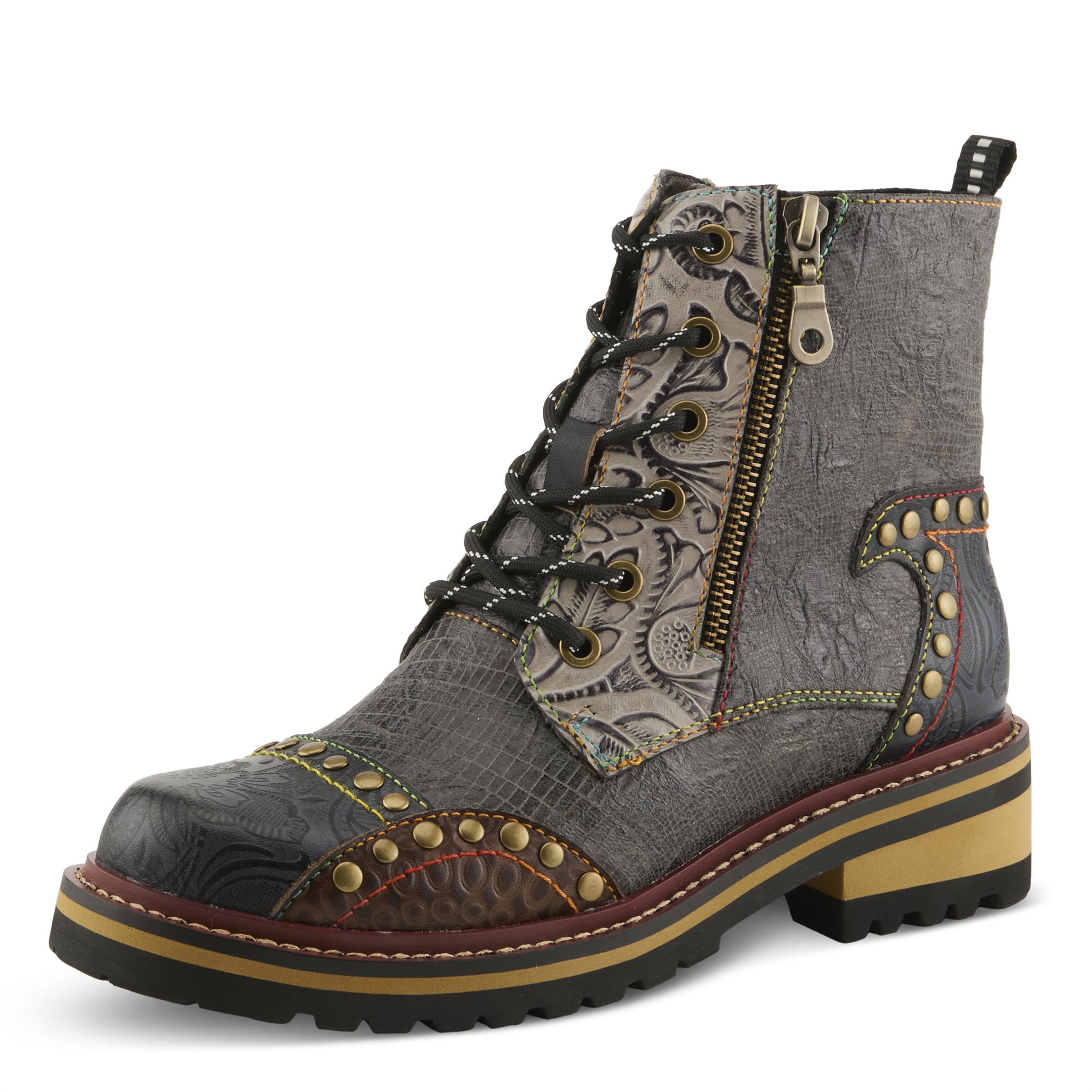 LArtiste Rugup Leather Combination Booties for Women Low Heel Ankle Boots for Women with Lace Up and Zipper