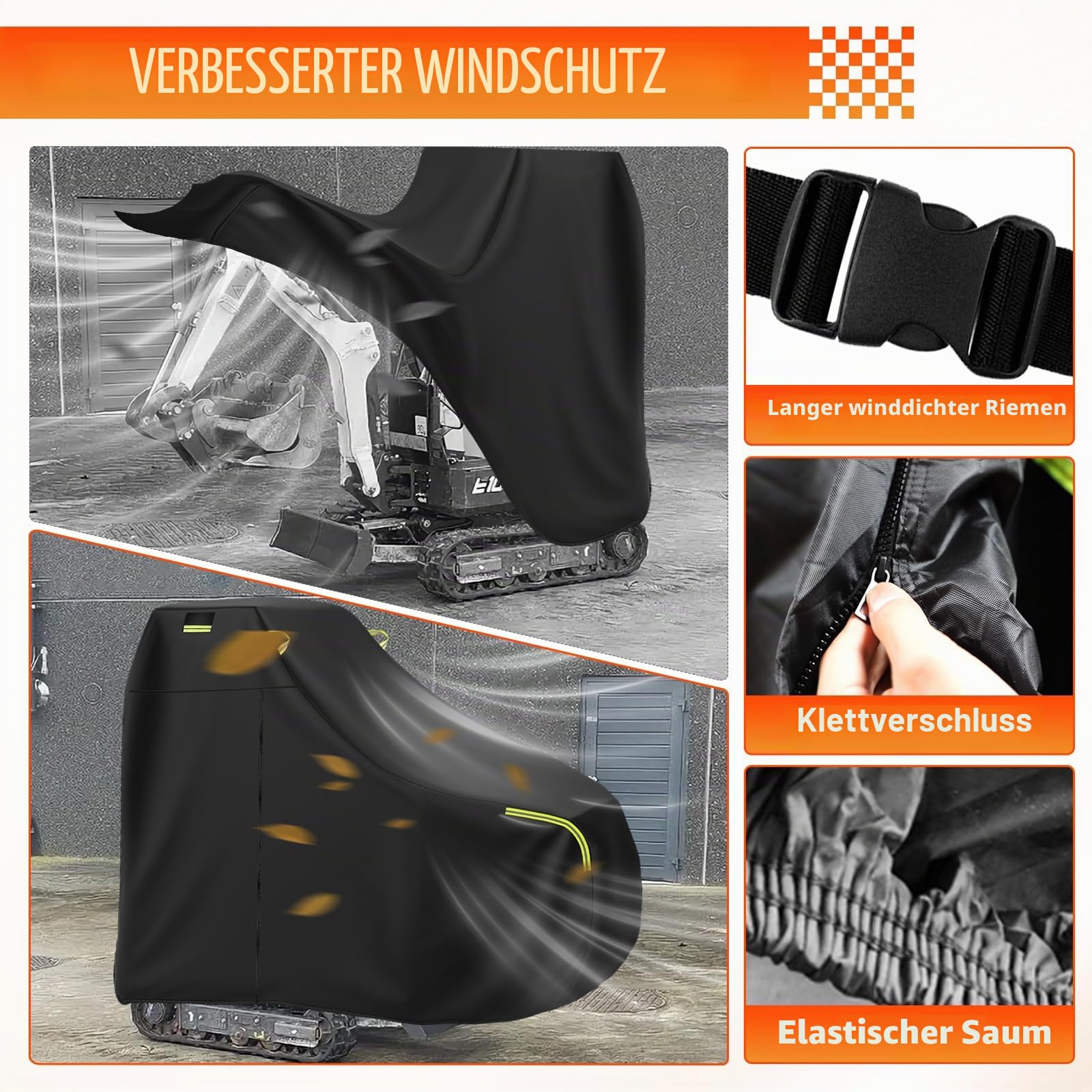 Wasserdichte Baggerabdeckung, atmungsaktive Minibaggerabdeckung Baggerplane mit Reißverschluss, reflektierender Streifen, elastischer Saum, Sonne Regen Staub Wind UV-Schutz (für < 900 kg)