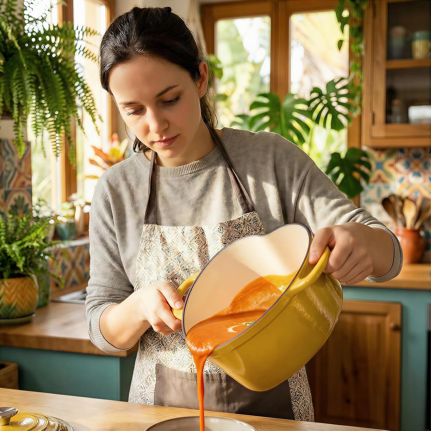 Overmont Enameled Cast Iron Dutch Oven - Heart-Shaped Pot with Lid Cookbook & Cotton Pot Holders - Mini Cookware Oven Safe to 500°F for Sourdough Baking Soups Stews - Great Gift for Wedding Birthday Housewarming 2QT Yellow