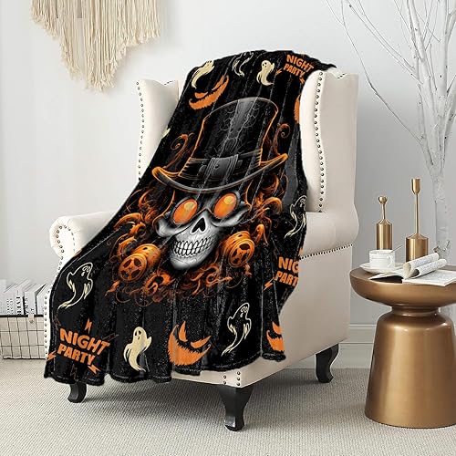 Miniatura 5 de Manta mecánica de Halloween con calavera punk y fantasma para sofá, 50 x 40 pulgadas, manta de fiesta nocturna negra y naranja, tamaño Queen,