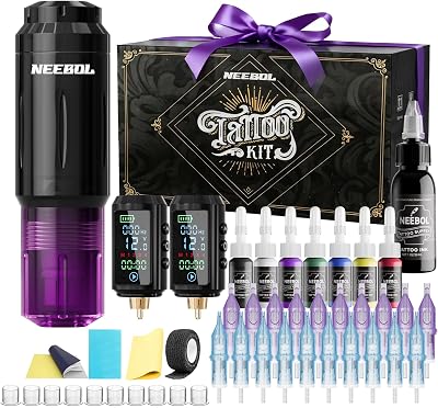 Neebol Wirless Tattoo Gun Kit, 2PCS Batteries Set for Beginners & Artists | Purple Dual 1600mAh…