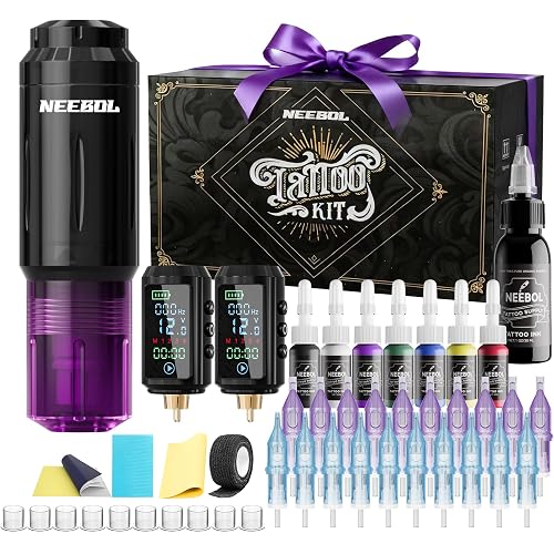 2 PCS 1600mAh Tattoo Batteries Tattoo Gun Kit - Wireless Tattoo Machine Kit, 20 Tattoo Cartridge Needles, Tattoo Ink Set, Full Tattoo Supplies for Beginners and Artists, Purple