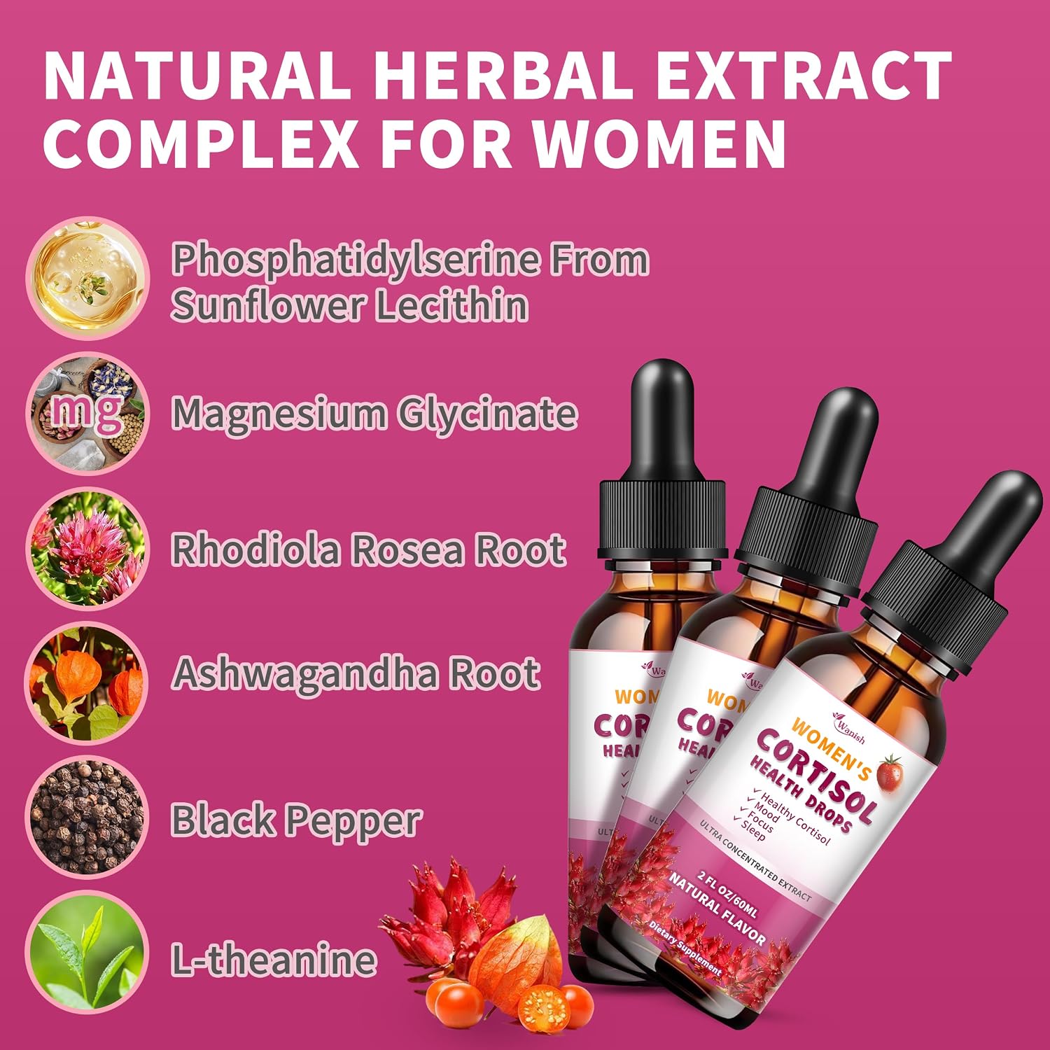 Cortisol Supplements for Women Liquid Drops, Natural Herbal Extract Complex for Women, Maintain Healthy Cortisol Levels - 90 Day Vegan Supply