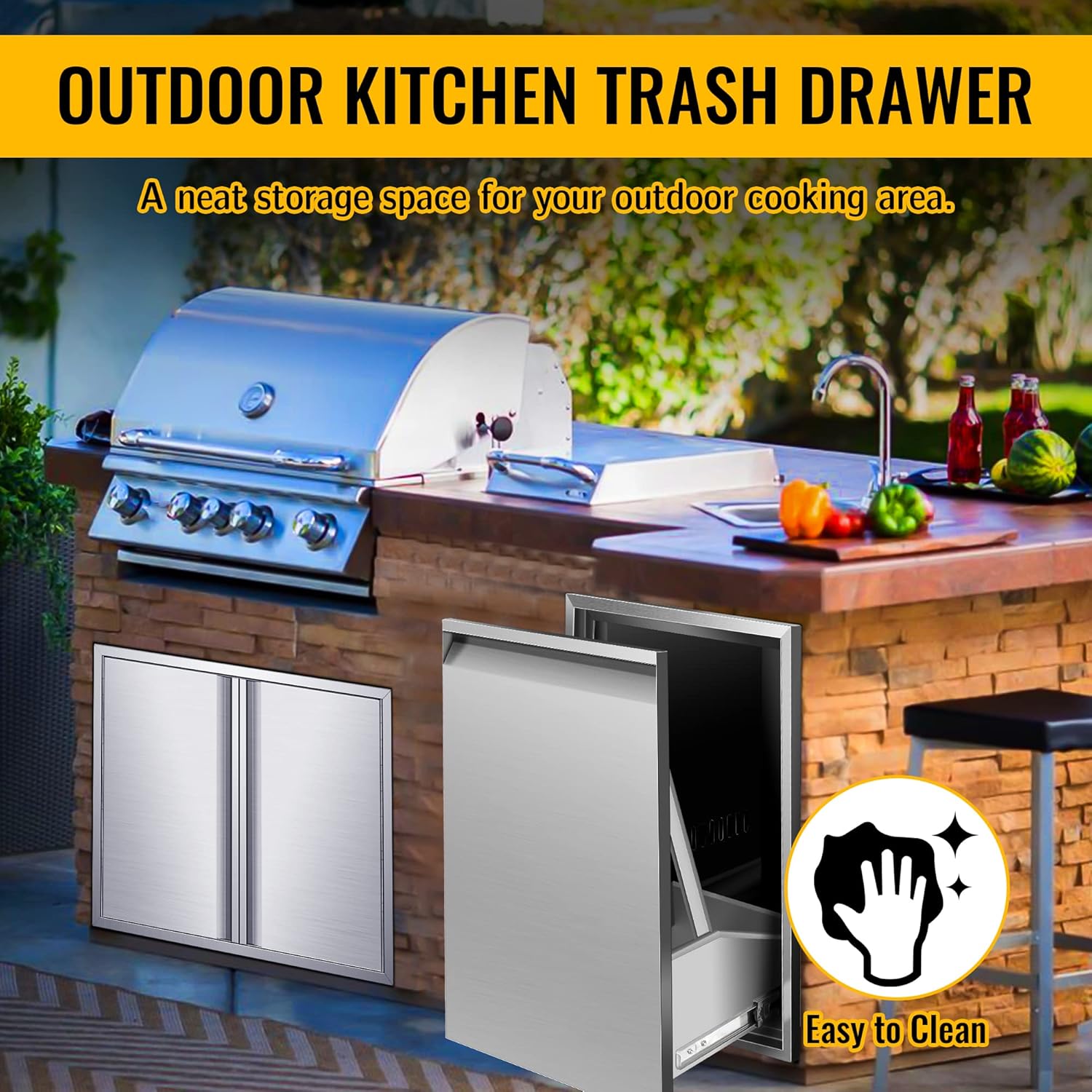 Pull Out Trash Drawer 16W x 22.3H x 18D inch, Built-in Single Trash Drawer, Outdoor Kitchen Trash Bin Storage, Stainless Steel Commercial Wastebasket